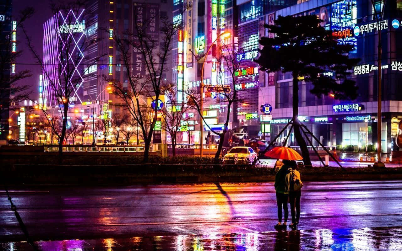 Seoul, neon lights, rain-slicked streets, HD Desktop Wallpaper