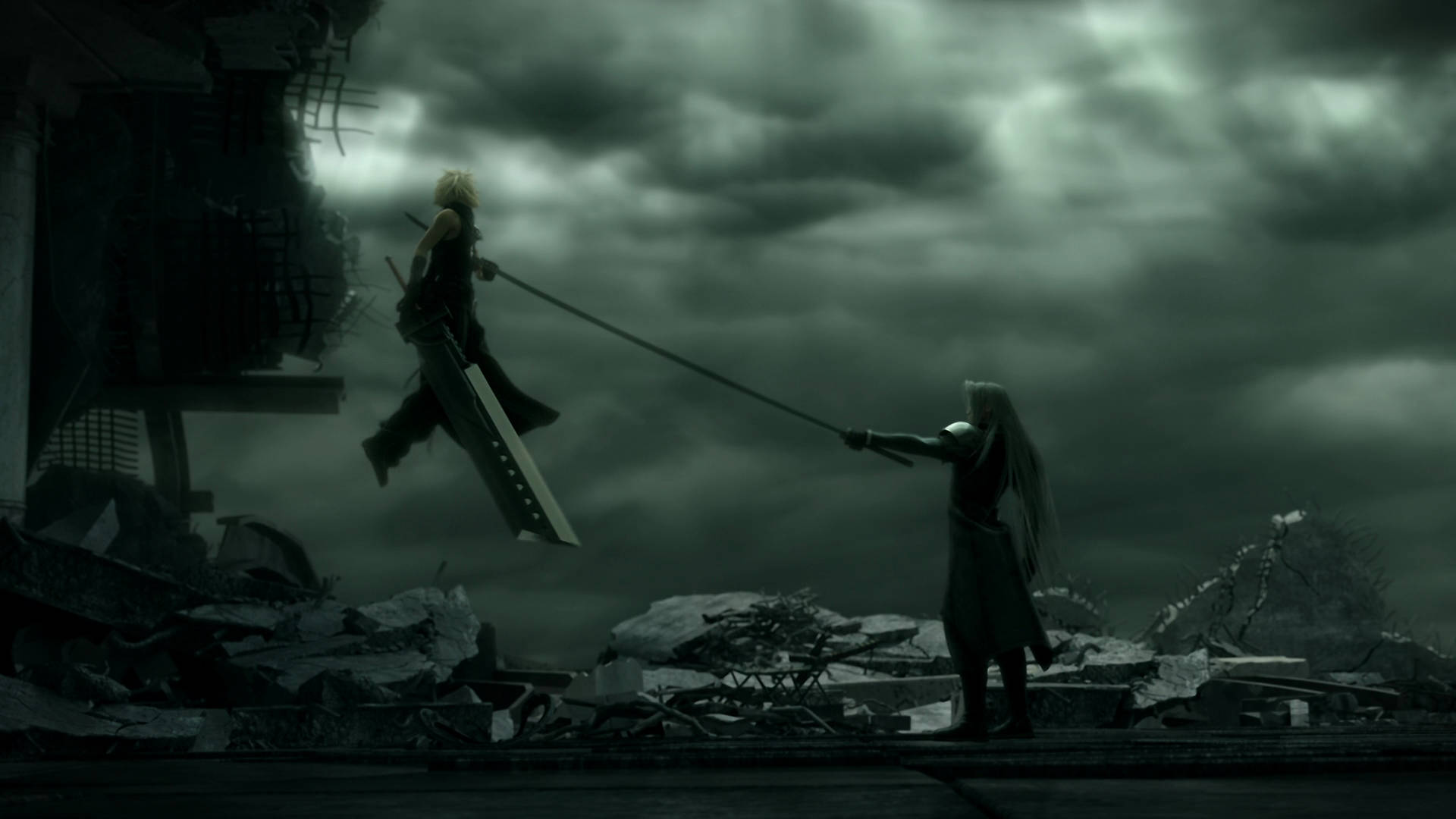 Sephiroth, pierced sword, ruined cityscape, Full HD Desktop Wallpaper