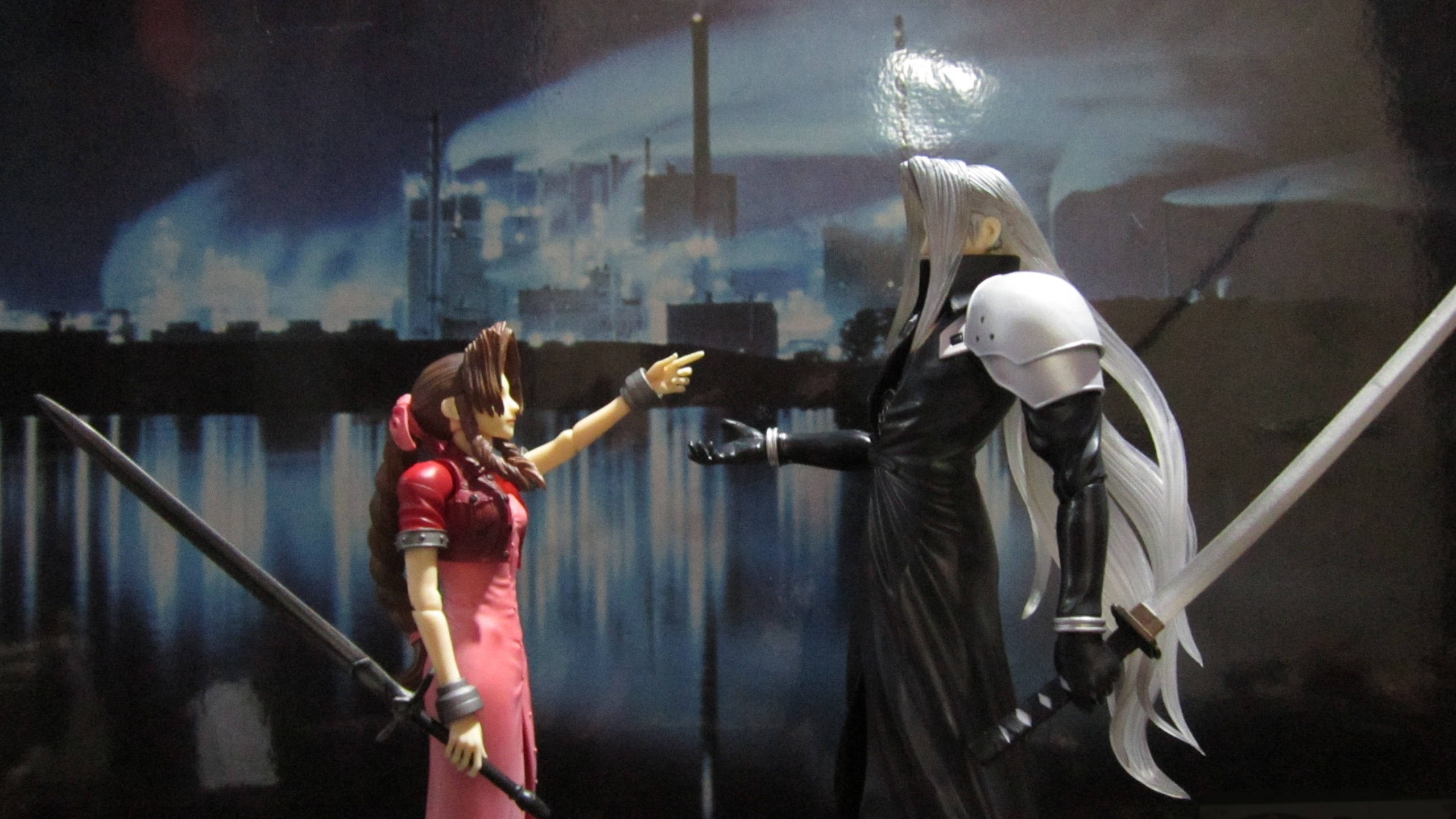 Sephiroth, anime figures, dramatic confrontation, 2K Desktop Wallpaper