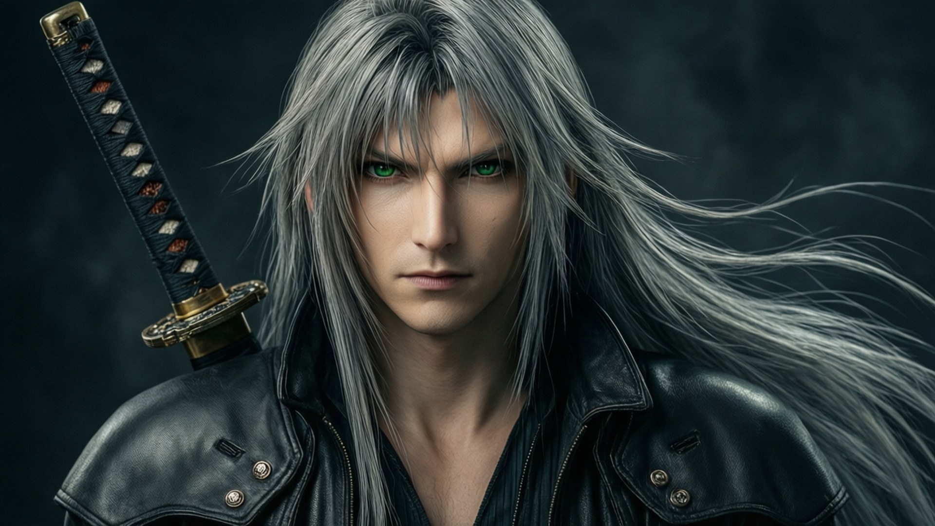 Sephiroth, silver-haired, glowing green eyes, Full HD Desktop Wallpaper