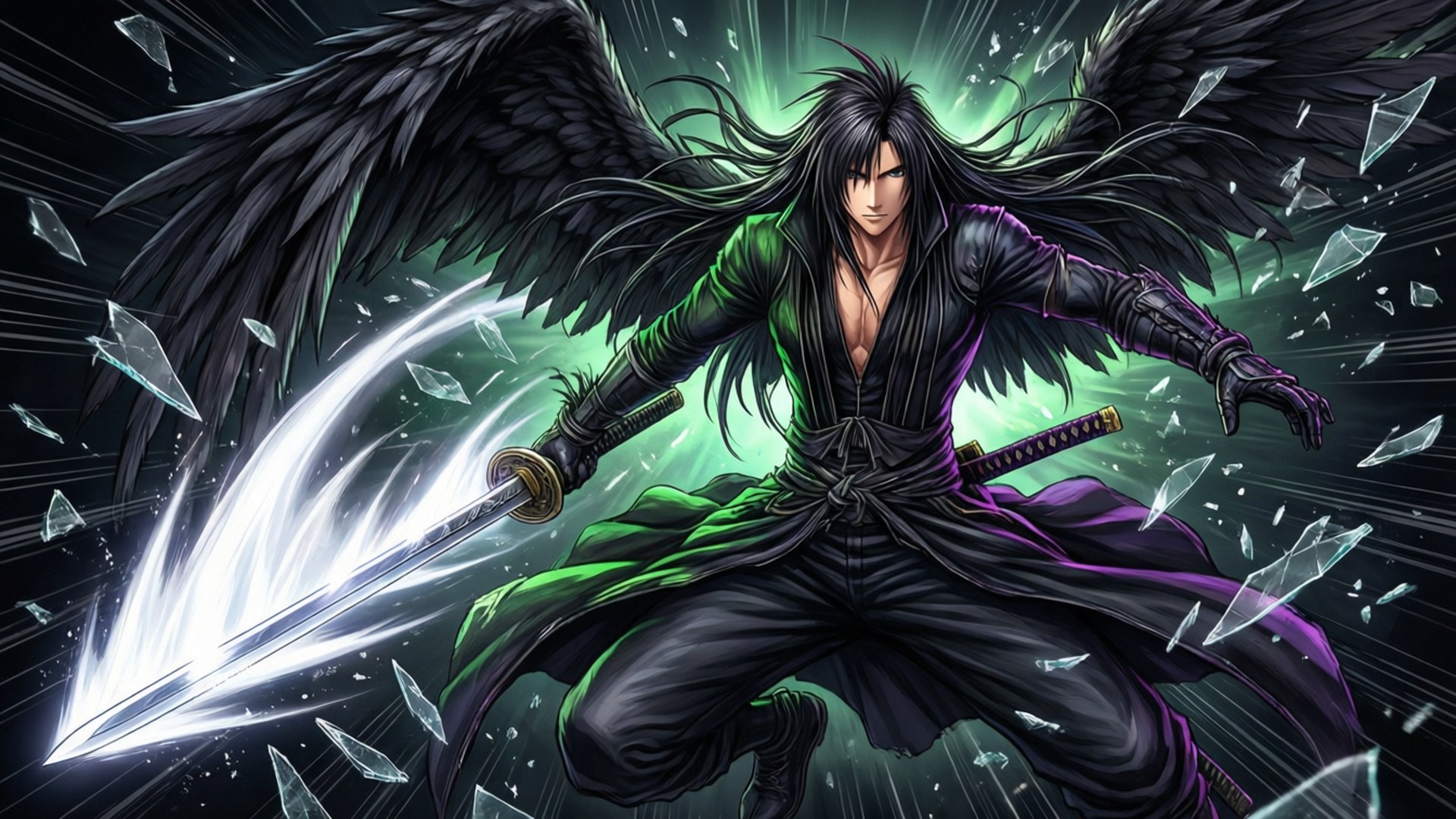 Sephiroth, glass shatter, green and purple robes, Full HD Desktop Wallpaper