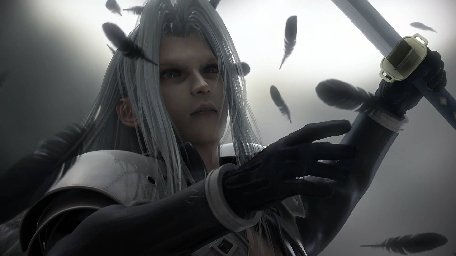 Sephiroth, gold hand guard sword, silver-haired warrior, Full HD Desktop Wallpaper
