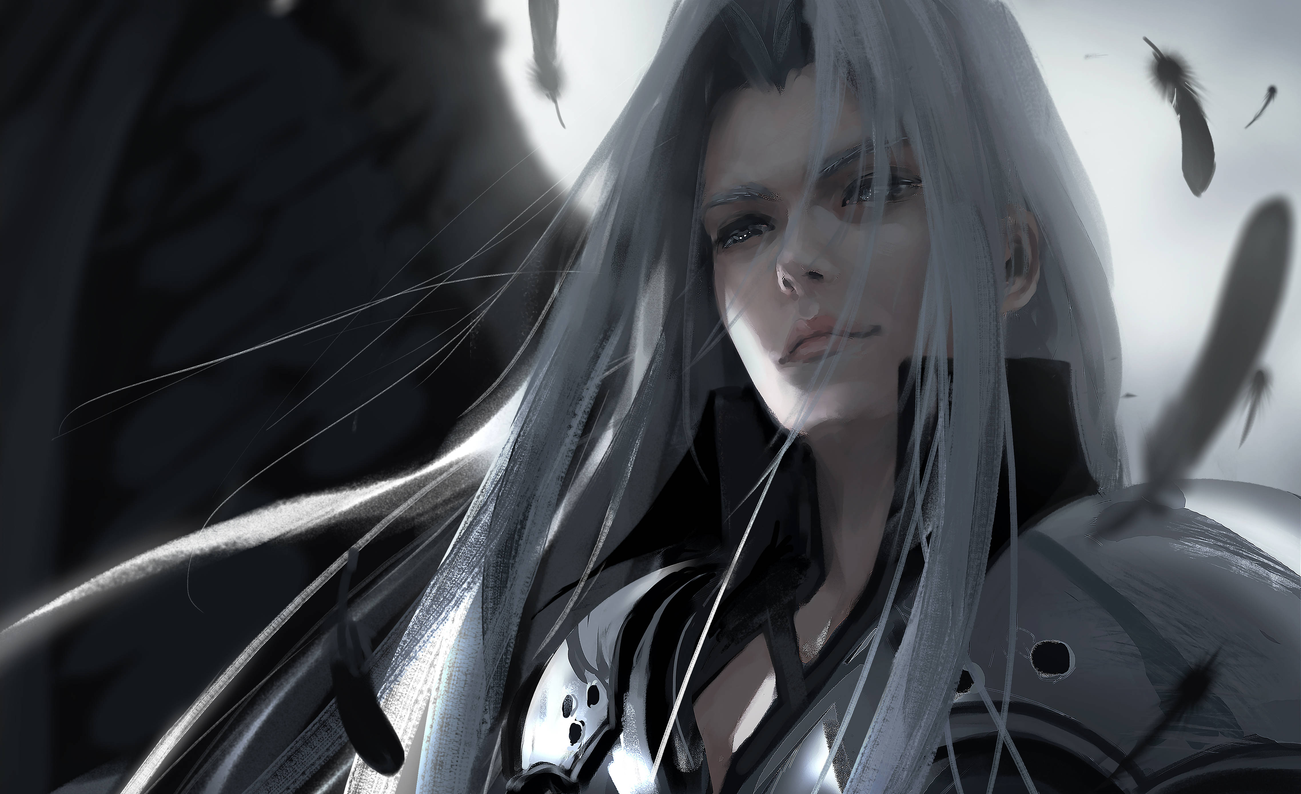 Sephiroth, silver hair, dark armor, 4K Desktop Wallpaper