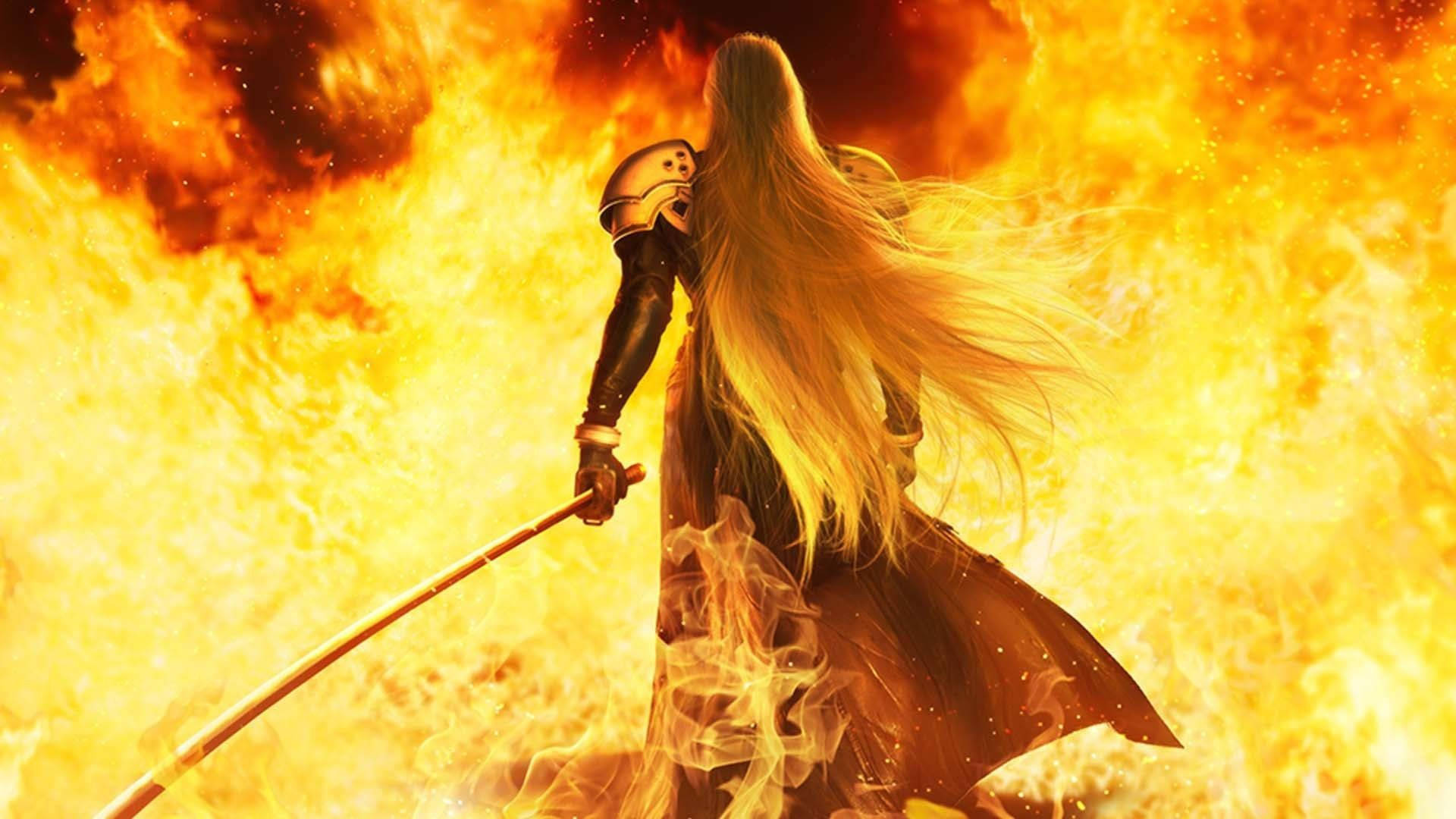 Sephiroth, blazing fire wall, long-haired warrior, Full HD Desktop Wallpaper