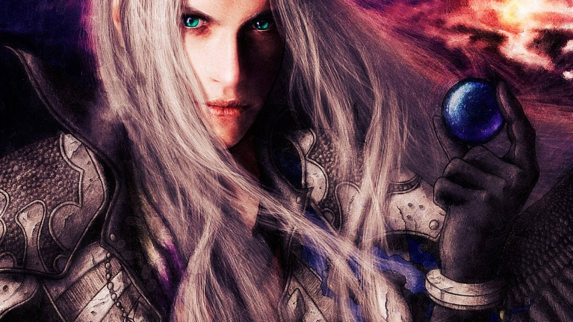 Sephiroth, long silver hair, glowing green eyes, Full HD Desktop Wallpaper