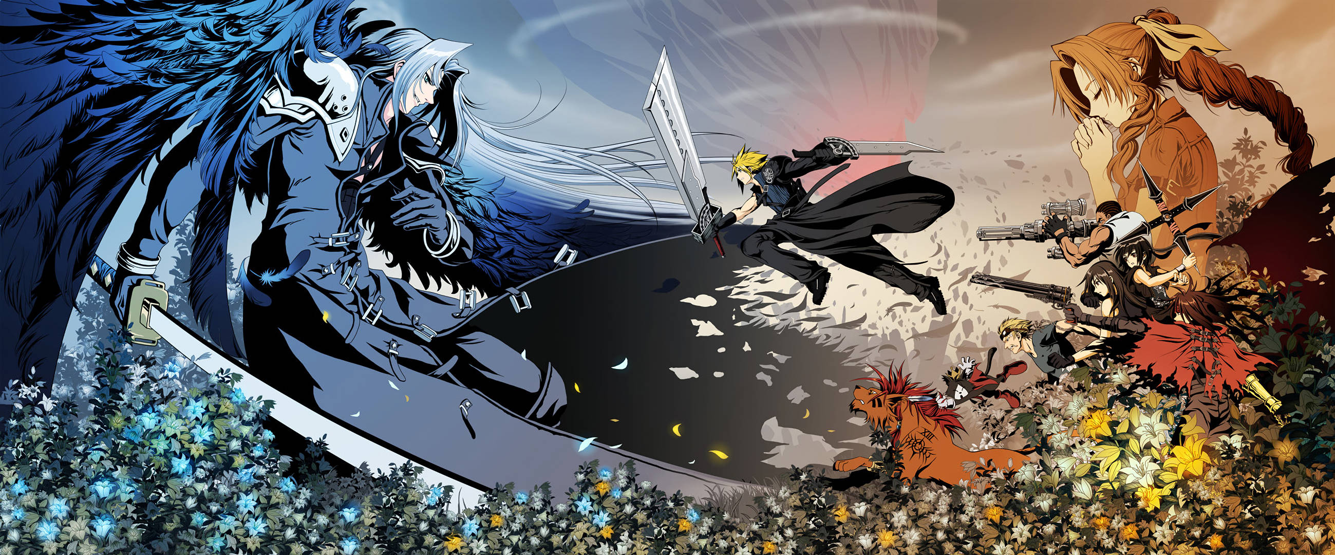Sephiroth, black and blue wings, twilight sky, 2K Desktop Wallpaper
