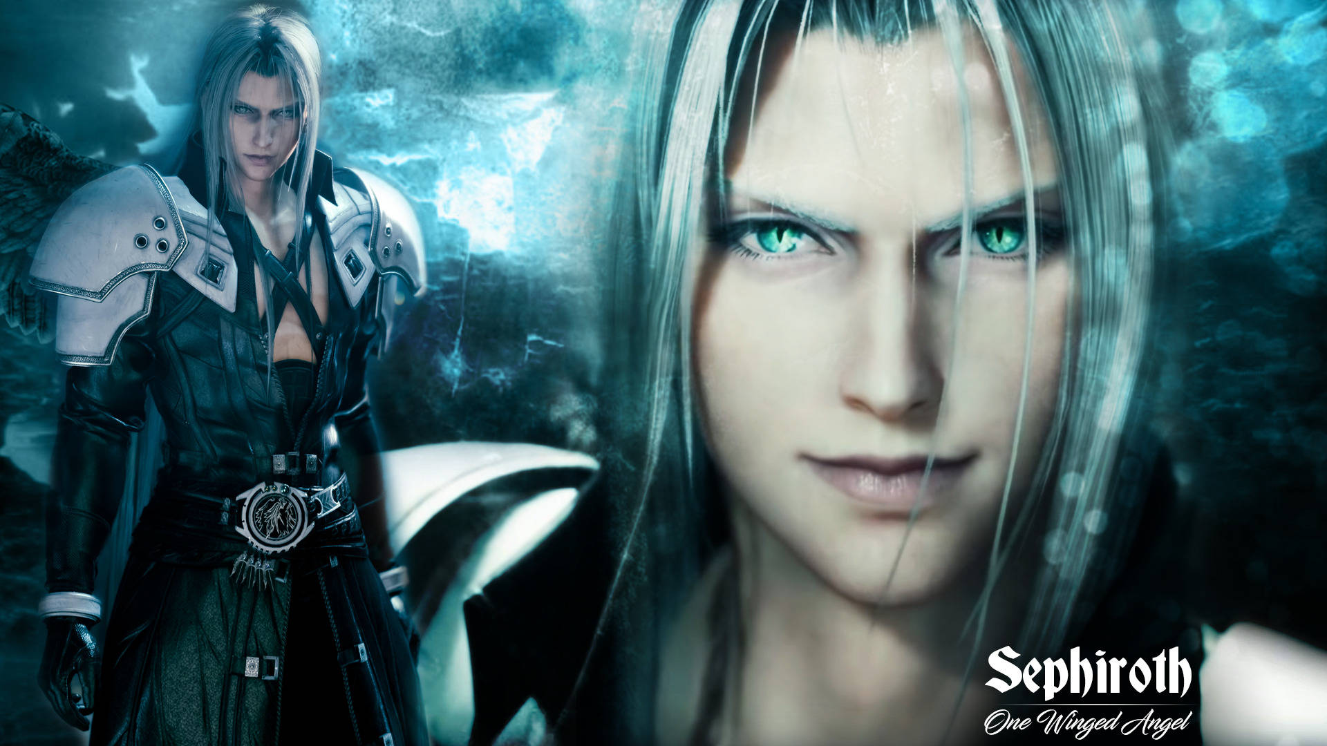Sephiroth, green slit eyes, silver hair, Full HD Desktop Wallpaper