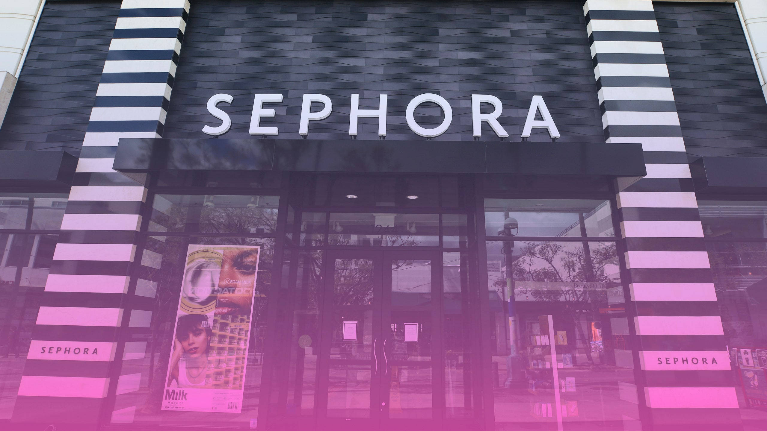 Sephora, black and white striped architecture, pink tinted glass windows, 2K Desktop Wallpaper