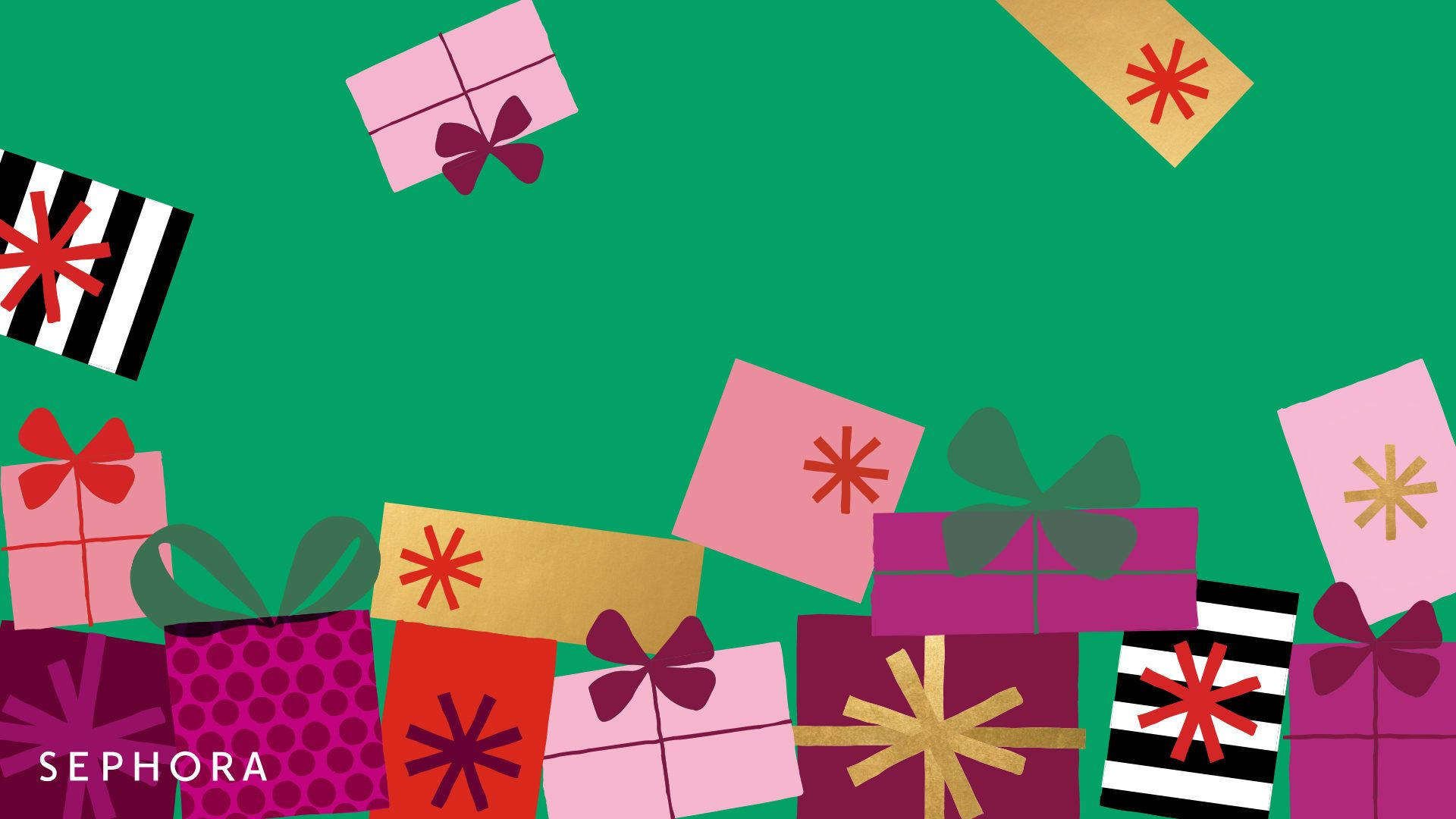 Sephora, green background, gift boxes, Full HD Desktop Wallpaper