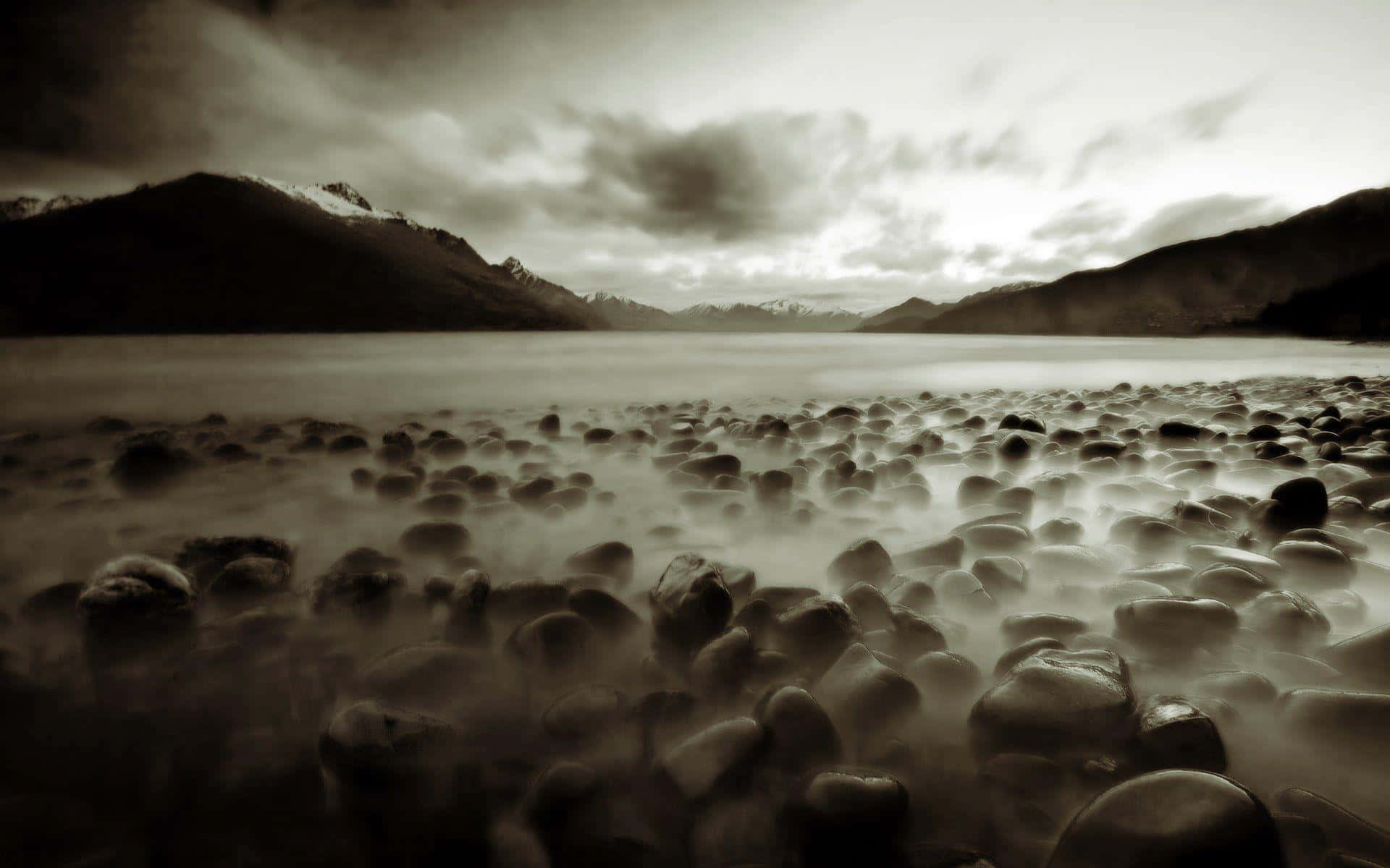 sepia, misty lake, smooth stones, Full HD Desktop Wallpaper