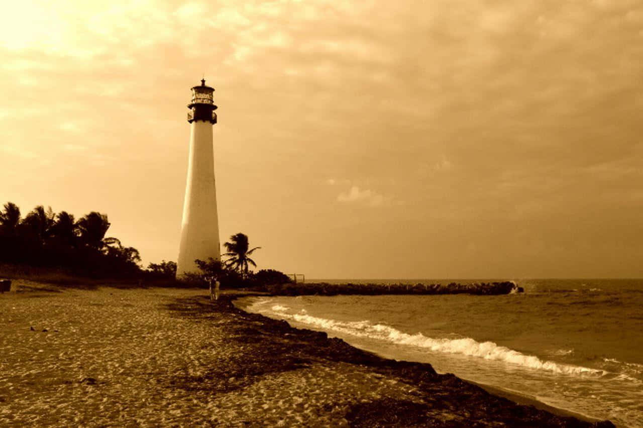 Sepia Toned Landscape, white lighthouse, rocky beach, HD Desktop Wallpaper