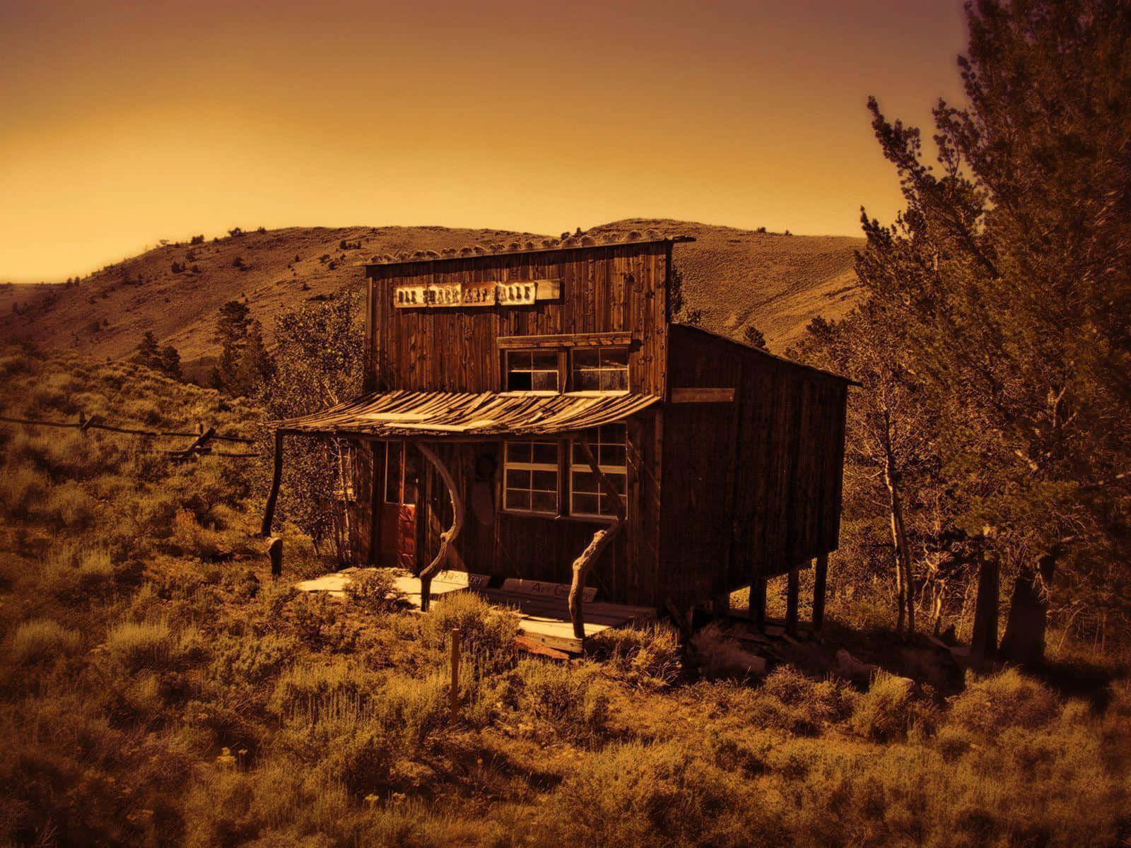 Sepia, wooden saloon, golden-hued desert valley, HD Desktop Wallpaper