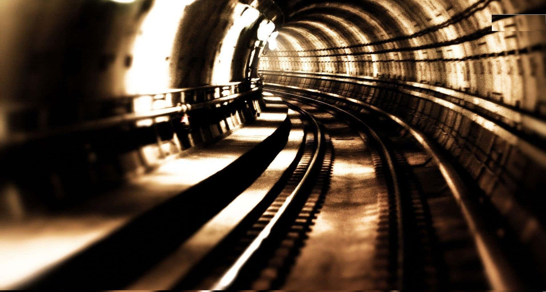 sepia, subway tracks, curved tunnel, HD Desktop Wallpaper