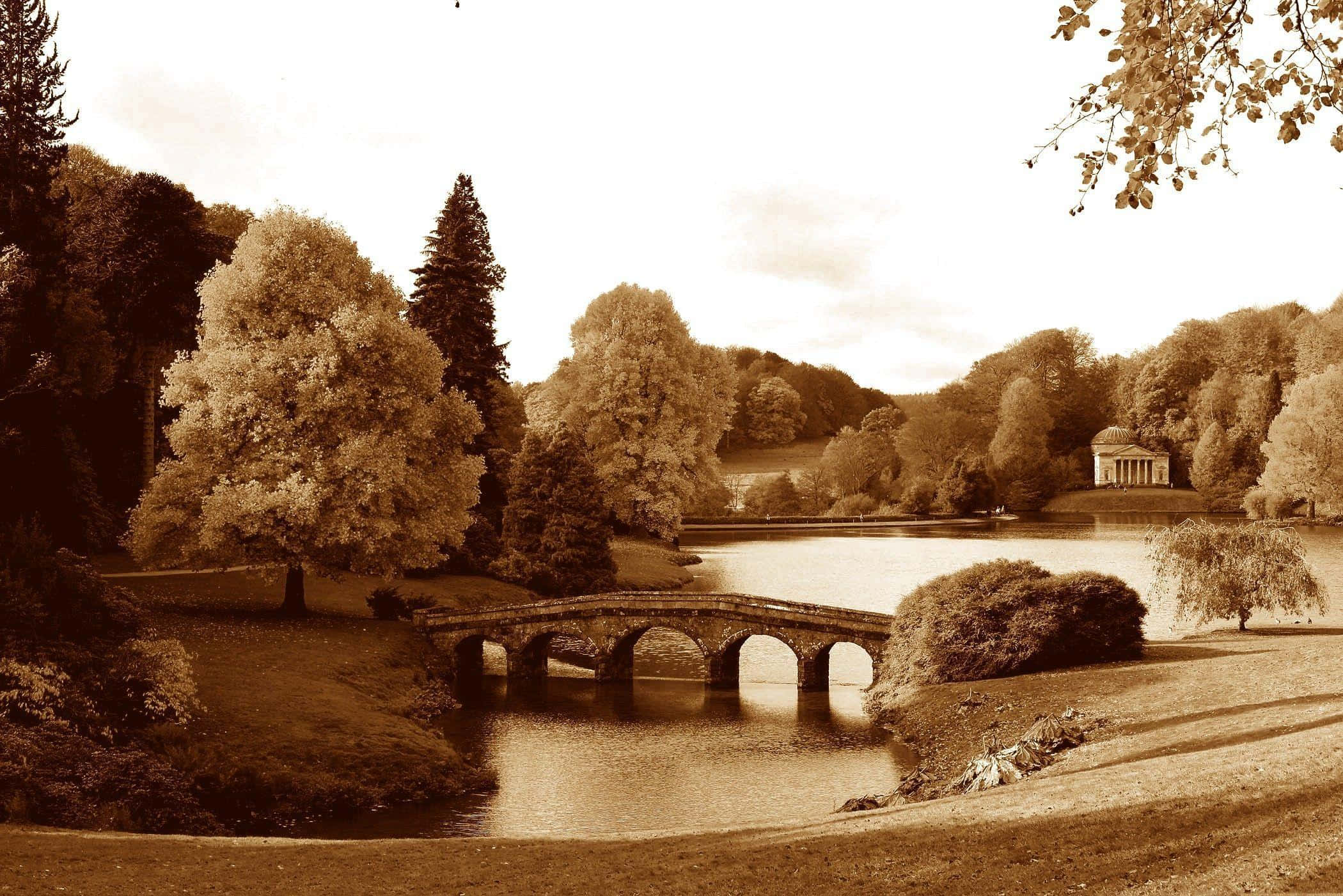 Sepia, stone bridge, calm river, Full HD Desktop Wallpaper