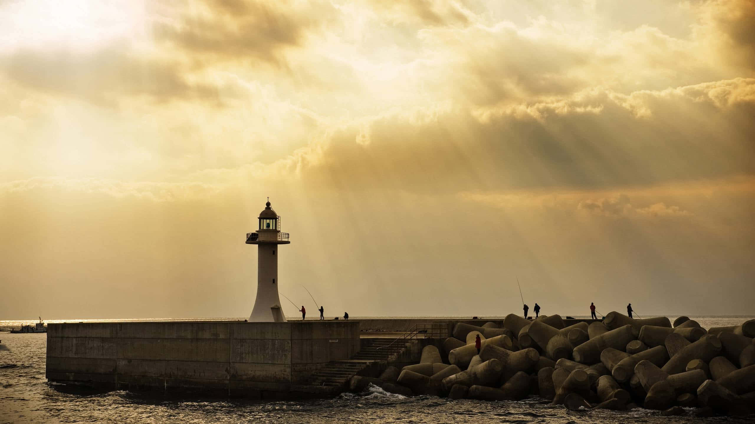 Sepia, lighthouse, concrete pier, 2K Desktop Wallpaper