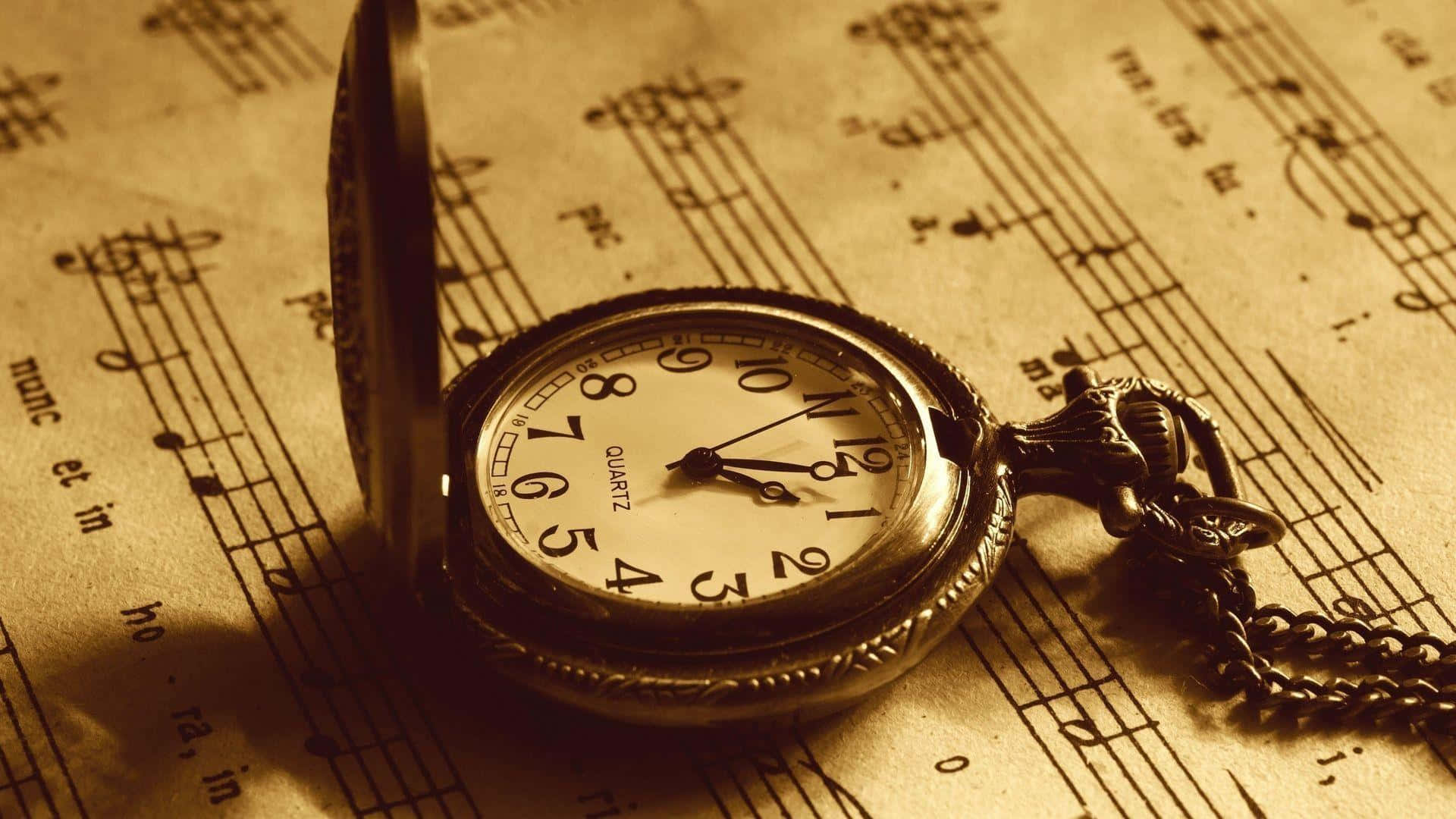 sepia, vintage pocket watch, vintage sheet music, Full HD Desktop Wallpaper