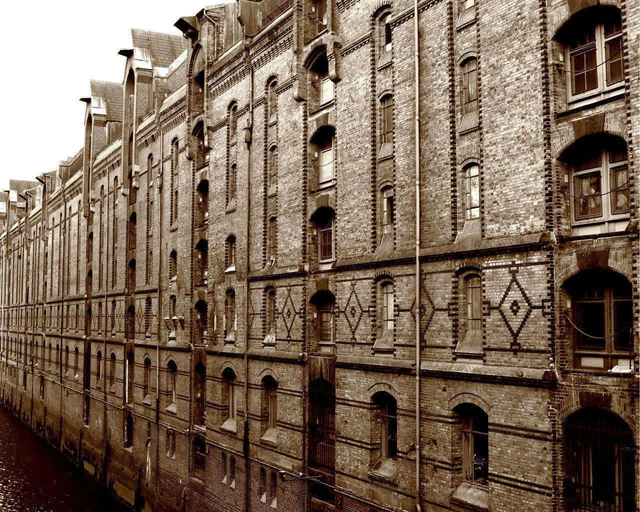 Sepia, historic brick warehouses, canal, HD Desktop Wallpaper