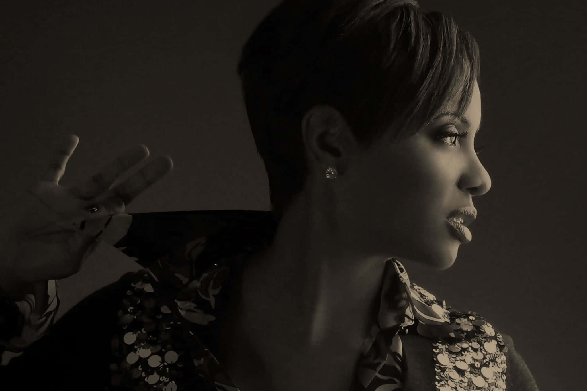 pixie haircut, profile, dark background, Full HD Desktop Wallpaper
