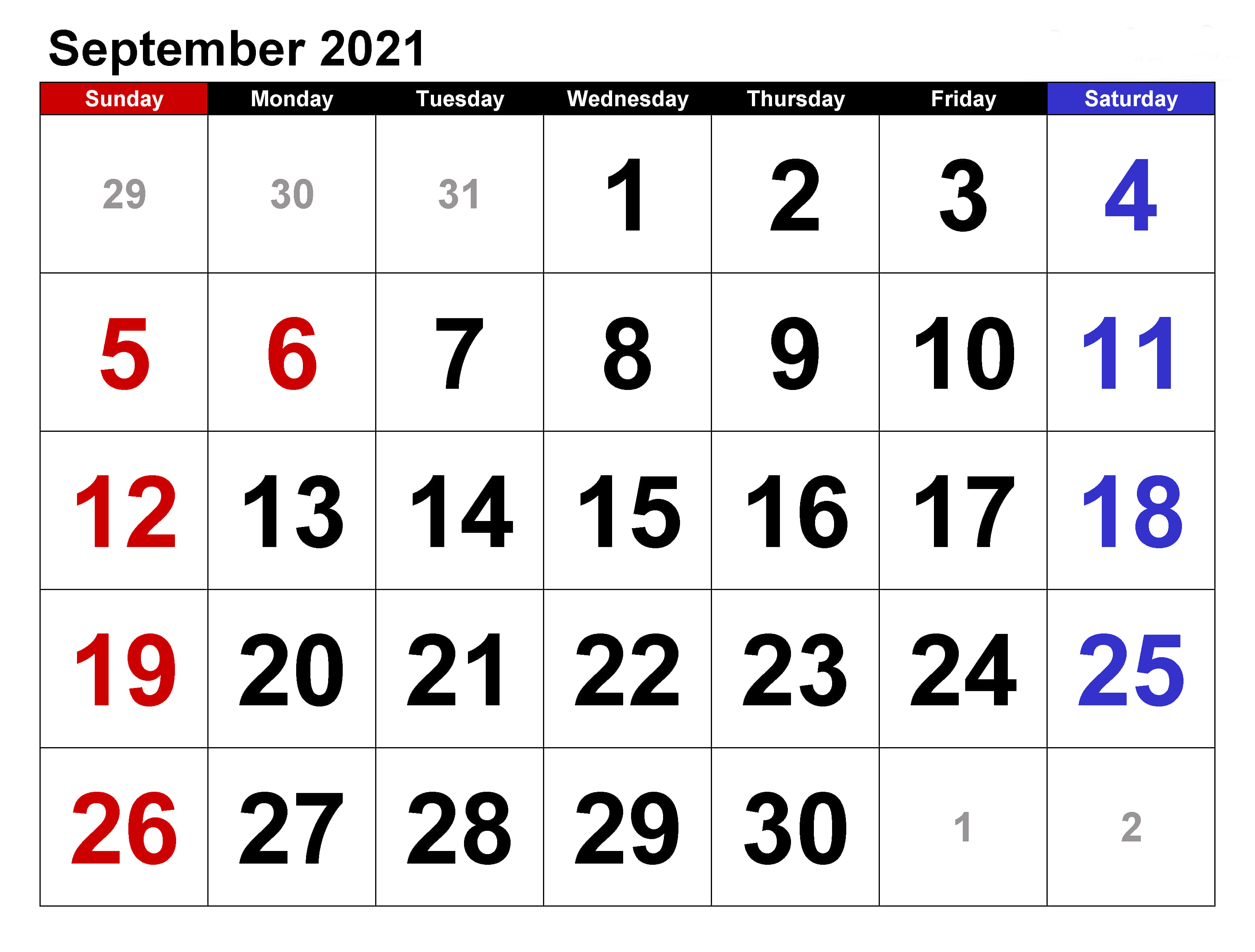 September 2021 Calendar, red Sundays, blue Saturdays, 2K Desktop Wallpaper