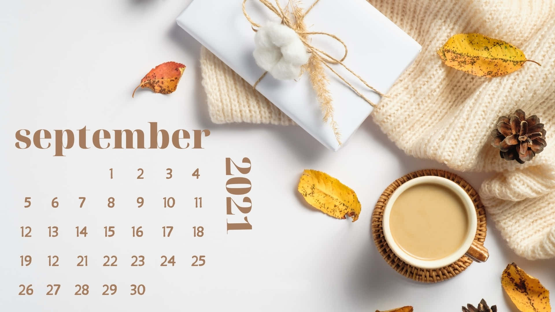 September 2021 calendar, coffee cup, knit scarf, Full HD Desktop Wallpaper
