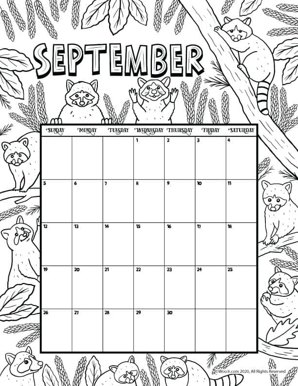 September 2021 Calendar, black and white, raccoon illustrations, SD Phone Wallpaper