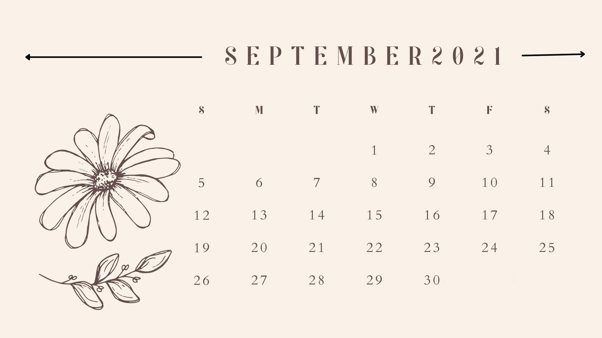 September 2021 Calendar, beige background, hand-drawn daisy, Full HD Desktop Wallpaper