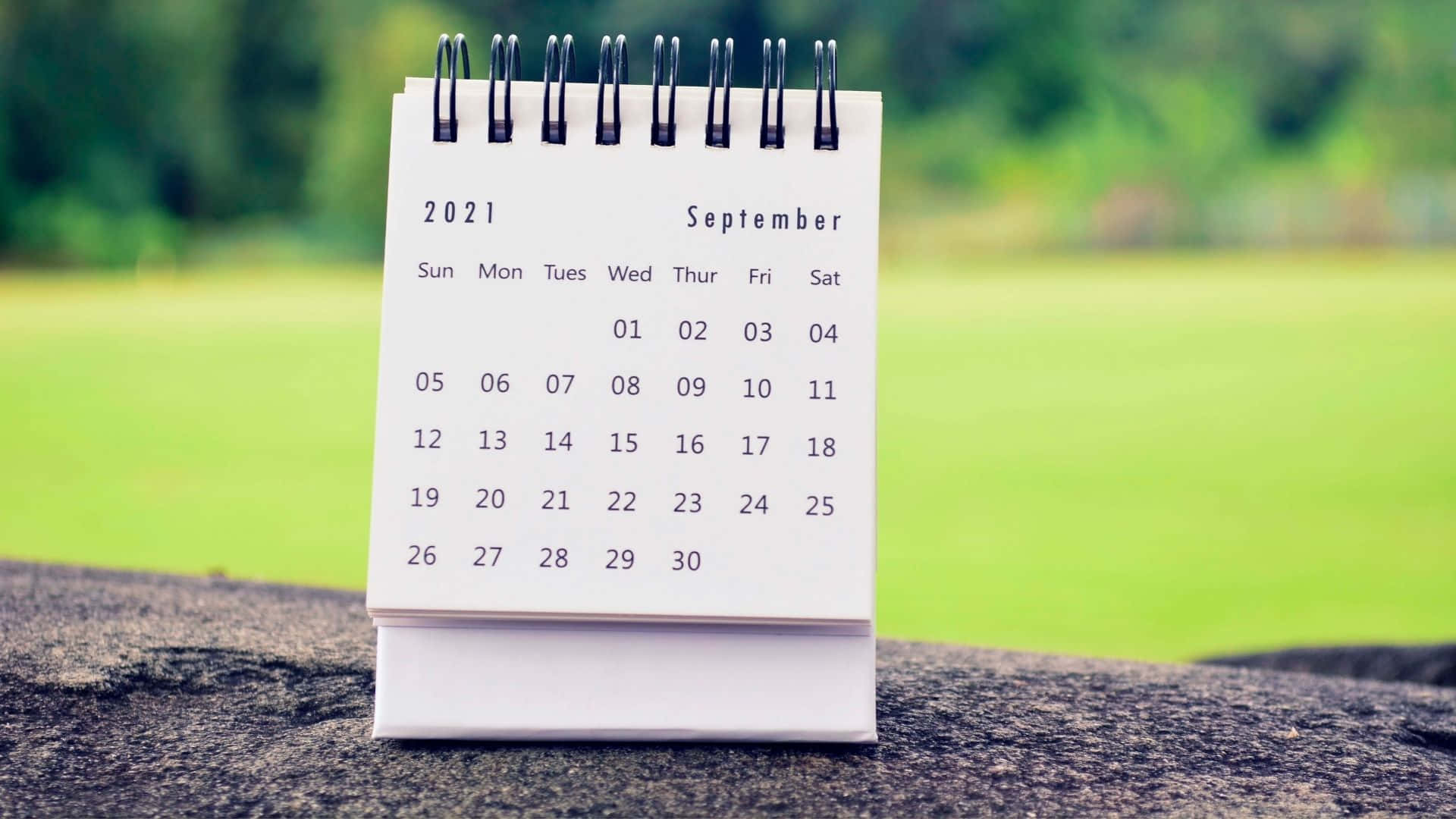 September 2021 Calendar, white spiral-bound calendar, rock, Full HD Desktop Wallpaper
