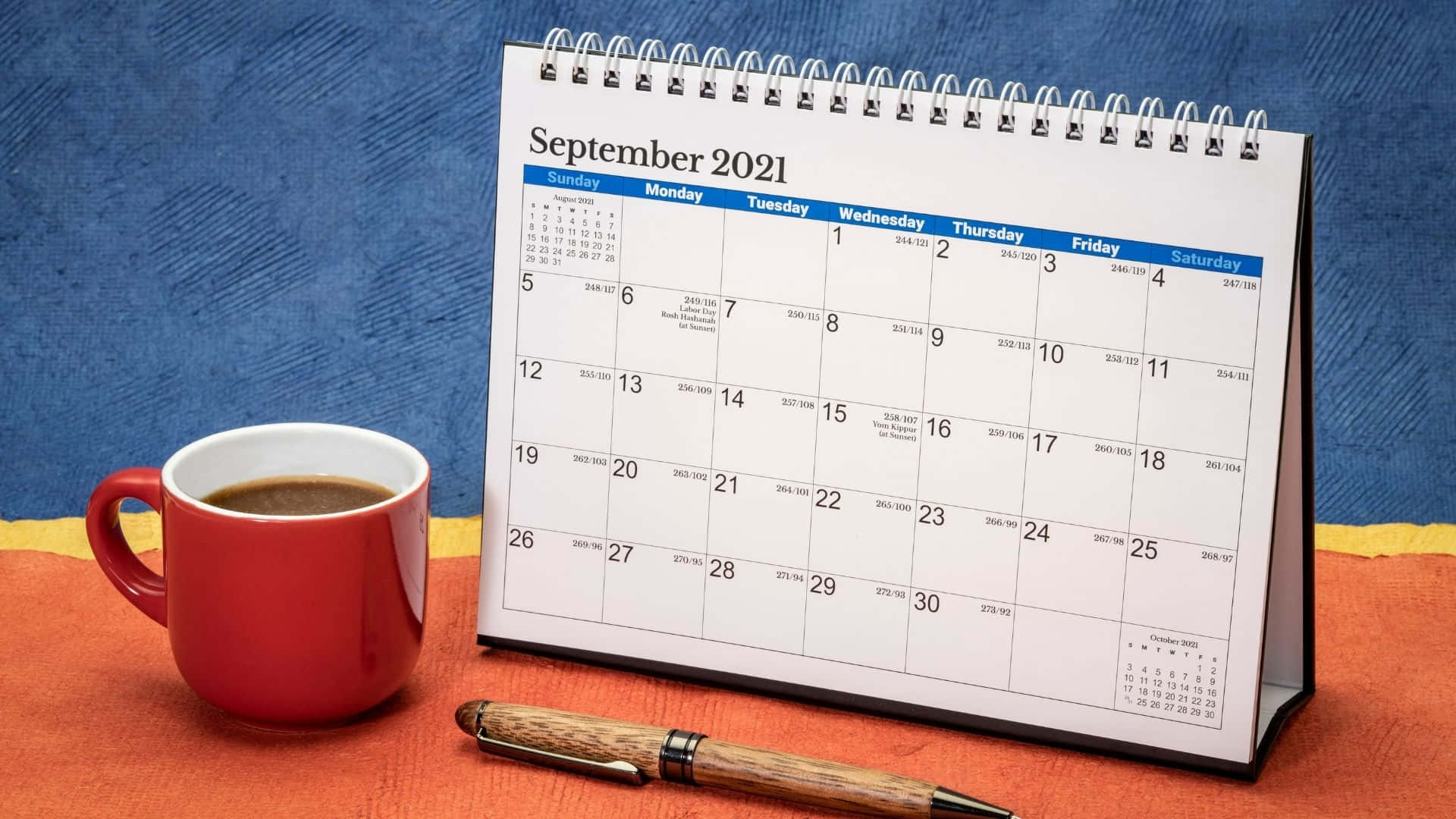September 2021 calendar, red mug of coffee, wooden pen, Full HD Desktop Wallpaper