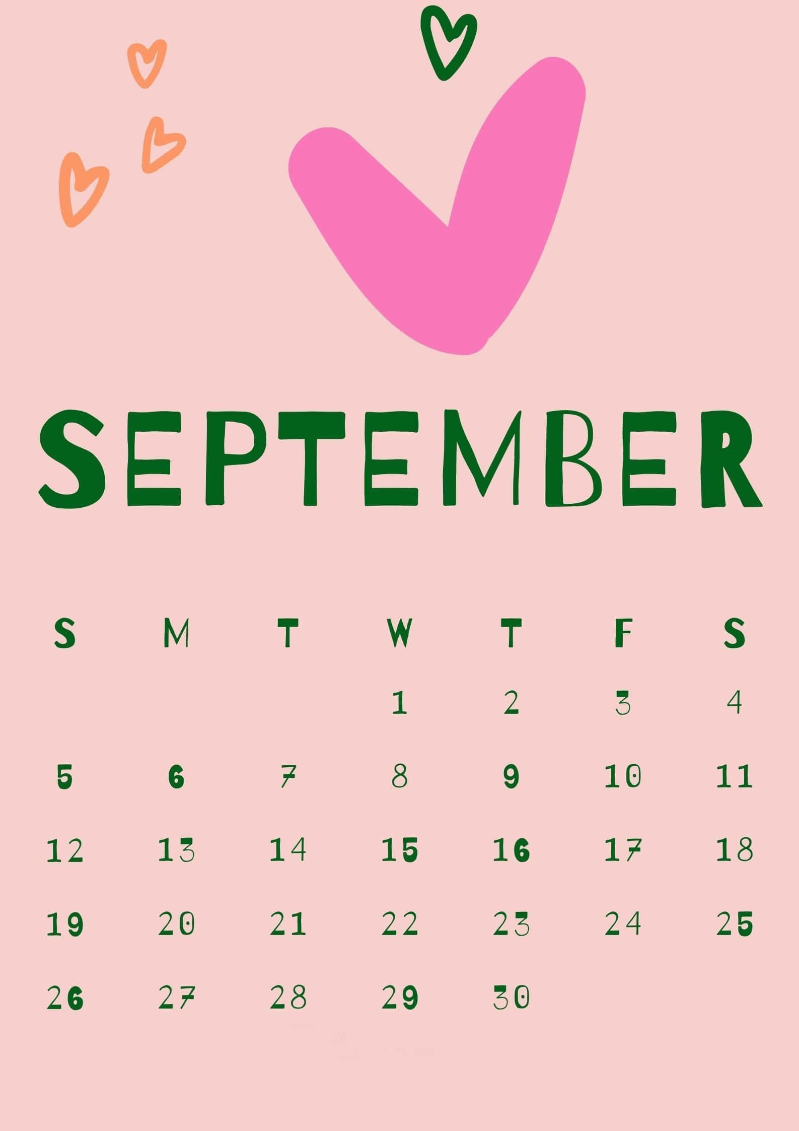 September 2021 Calendar, pastel pink, green text, Full HD Phone Wallpaper