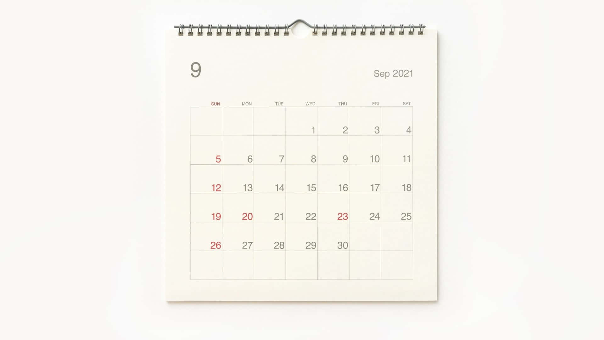 September 2021 Calendar, white background, red number, Full HD Desktop Wallpaper