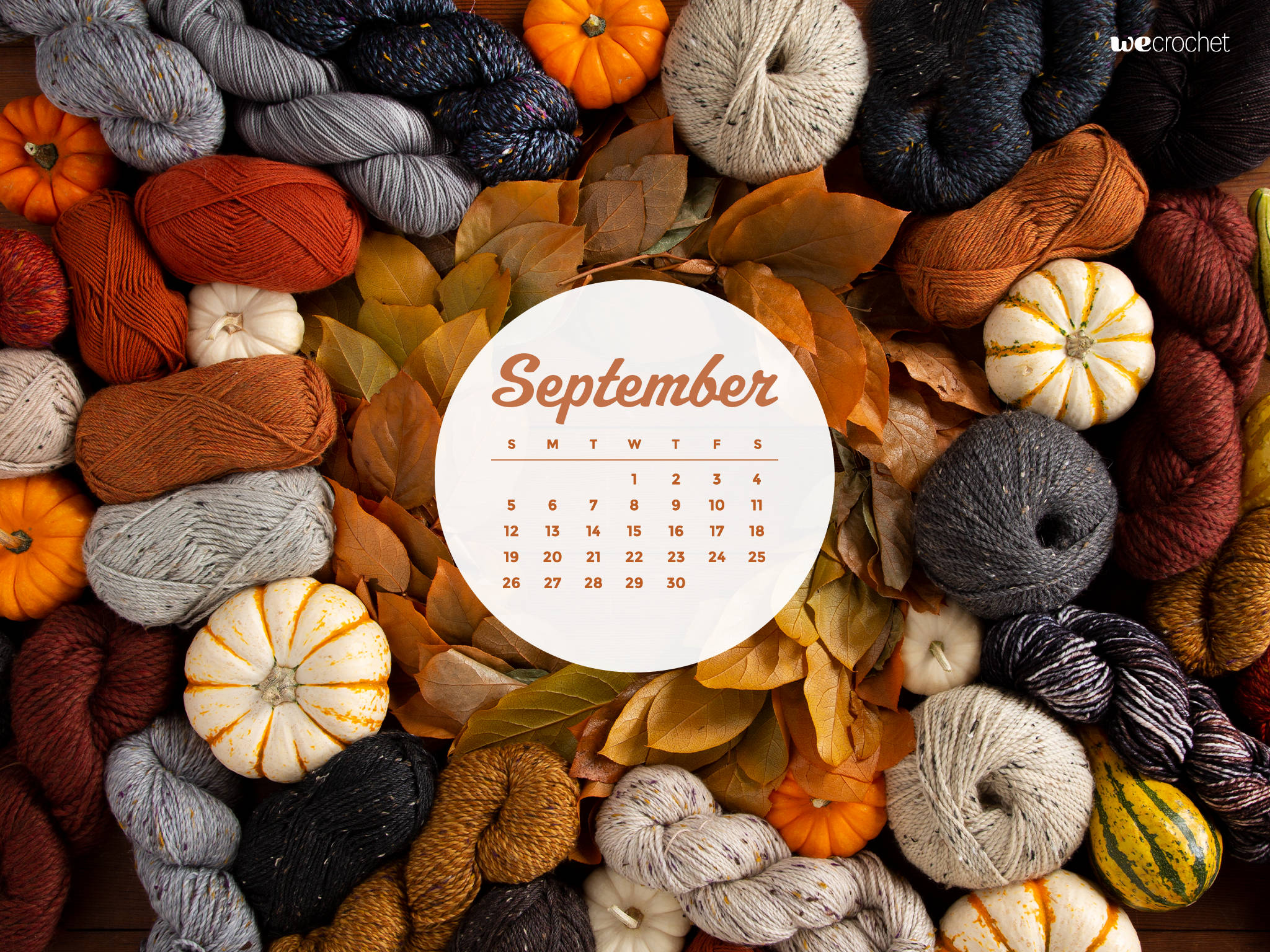 September calendar, autumn leaves, colorful yarn skeins, Full HD Desktop Wallpaper