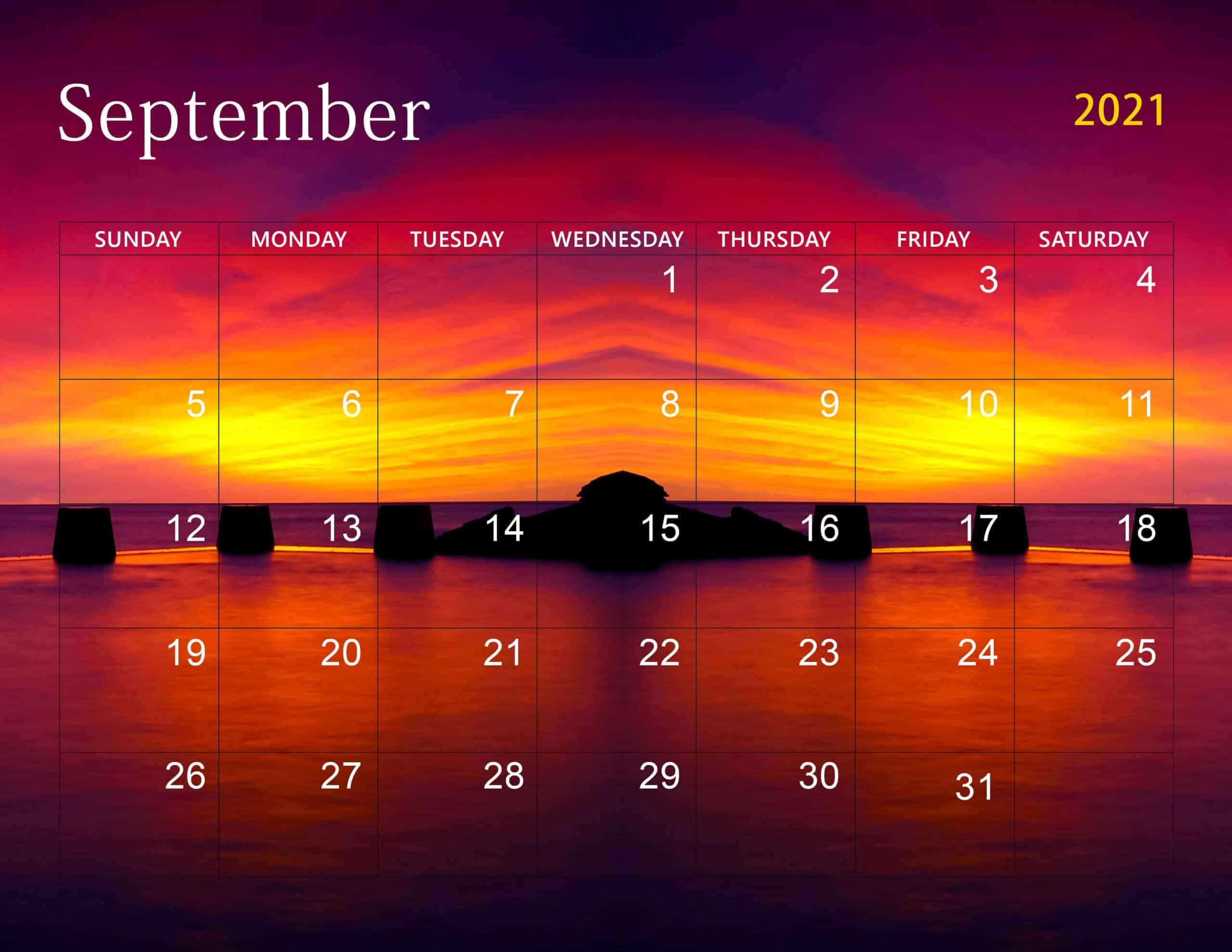 September 2021 Calendar, sunset, fiery orange yellow, 2K Desktop Wallpaper