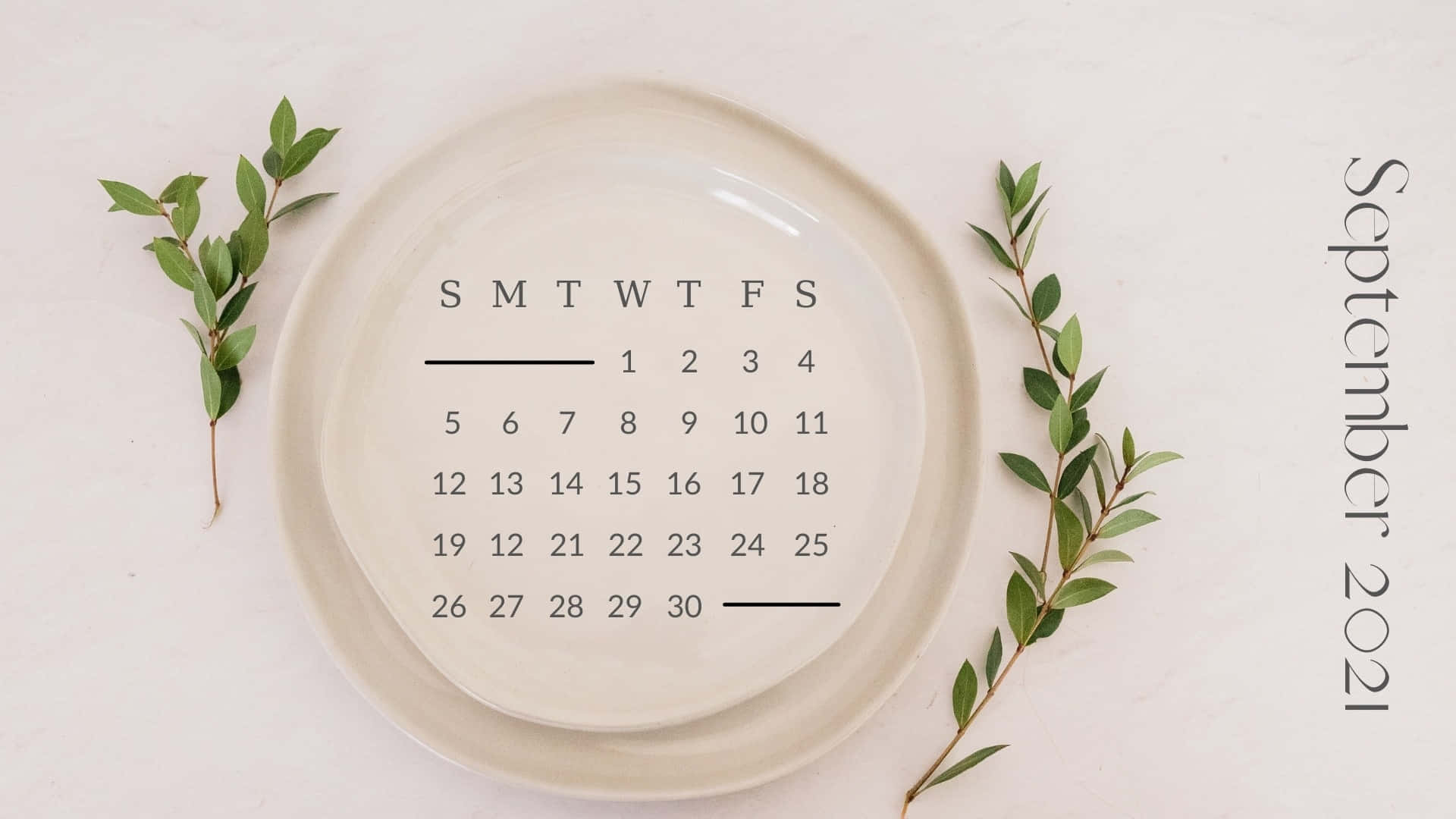 September 2021 Calendar, beige plate, fresh greenery, Full HD Desktop Wallpaper