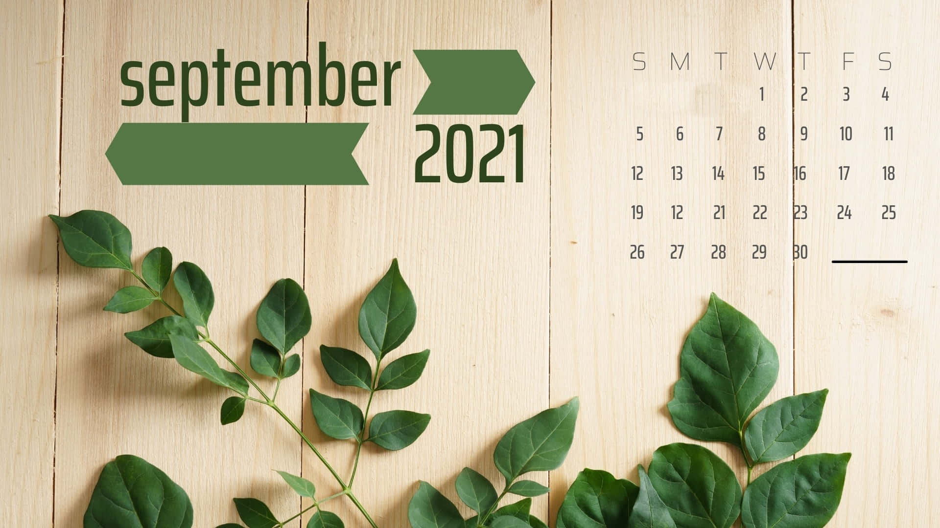 September 2021 Calendar, green leaves, light wood background, Full HD Desktop Wallpaper