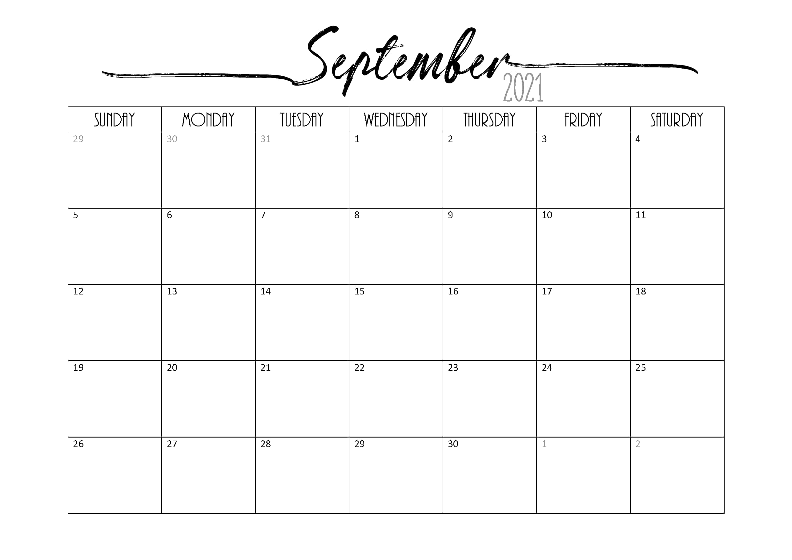 September 2021 calendar, black and white, handwritten title, 2K Desktop Wallpaper