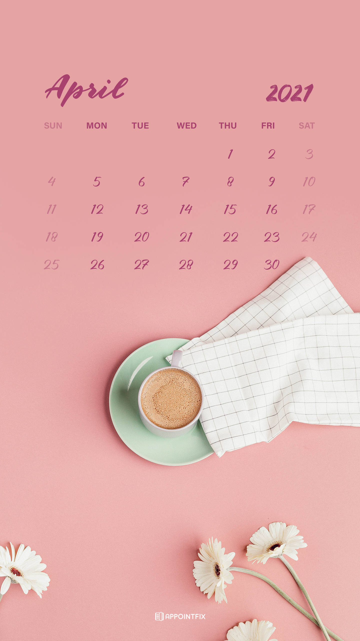 April 2021 calendar, pastel pink, cup of coffee, 2K Phone Wallpaper