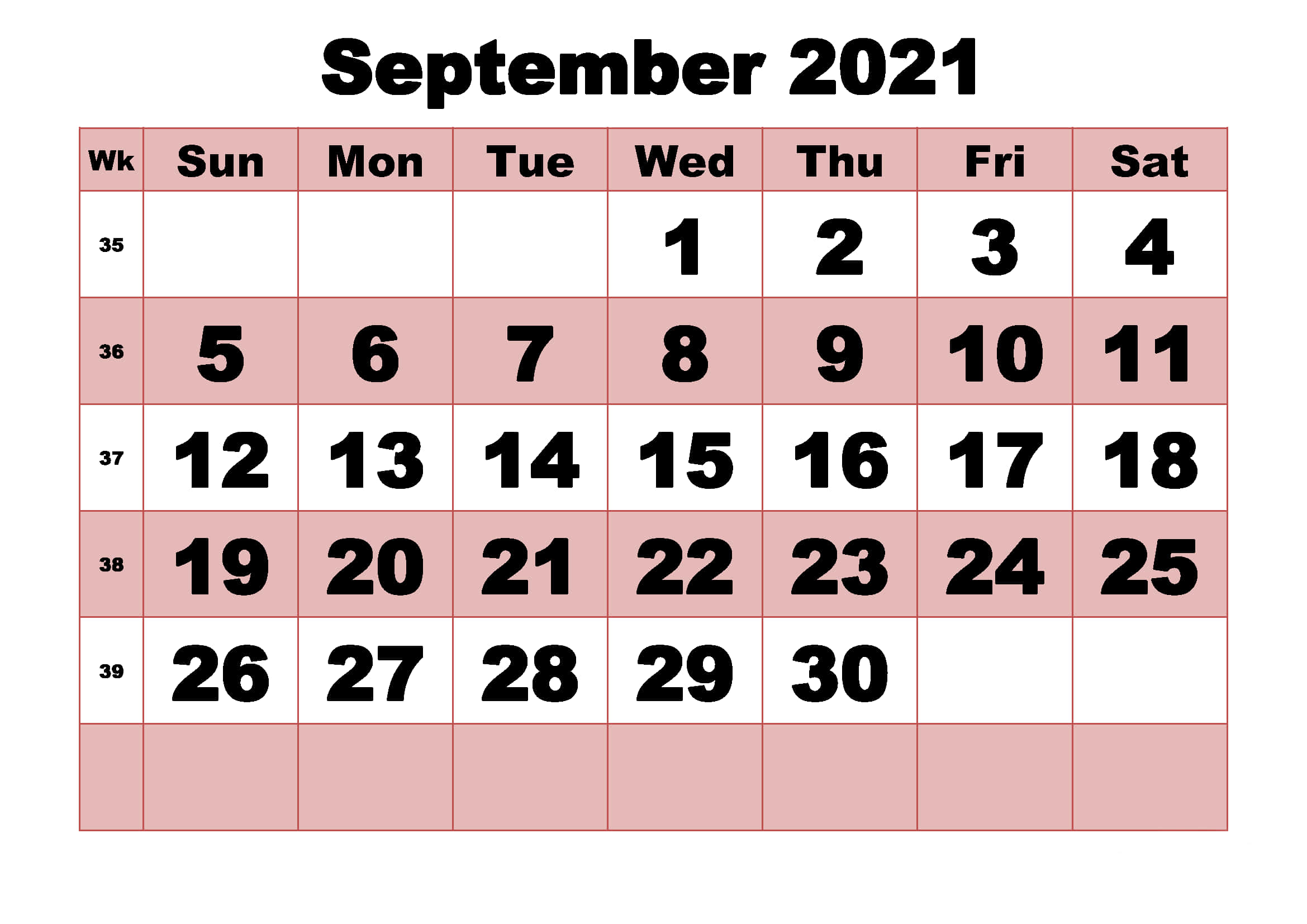 September 2021 Calendar, bold black numbers, soft pink squares, Full HD Desktop Wallpaper