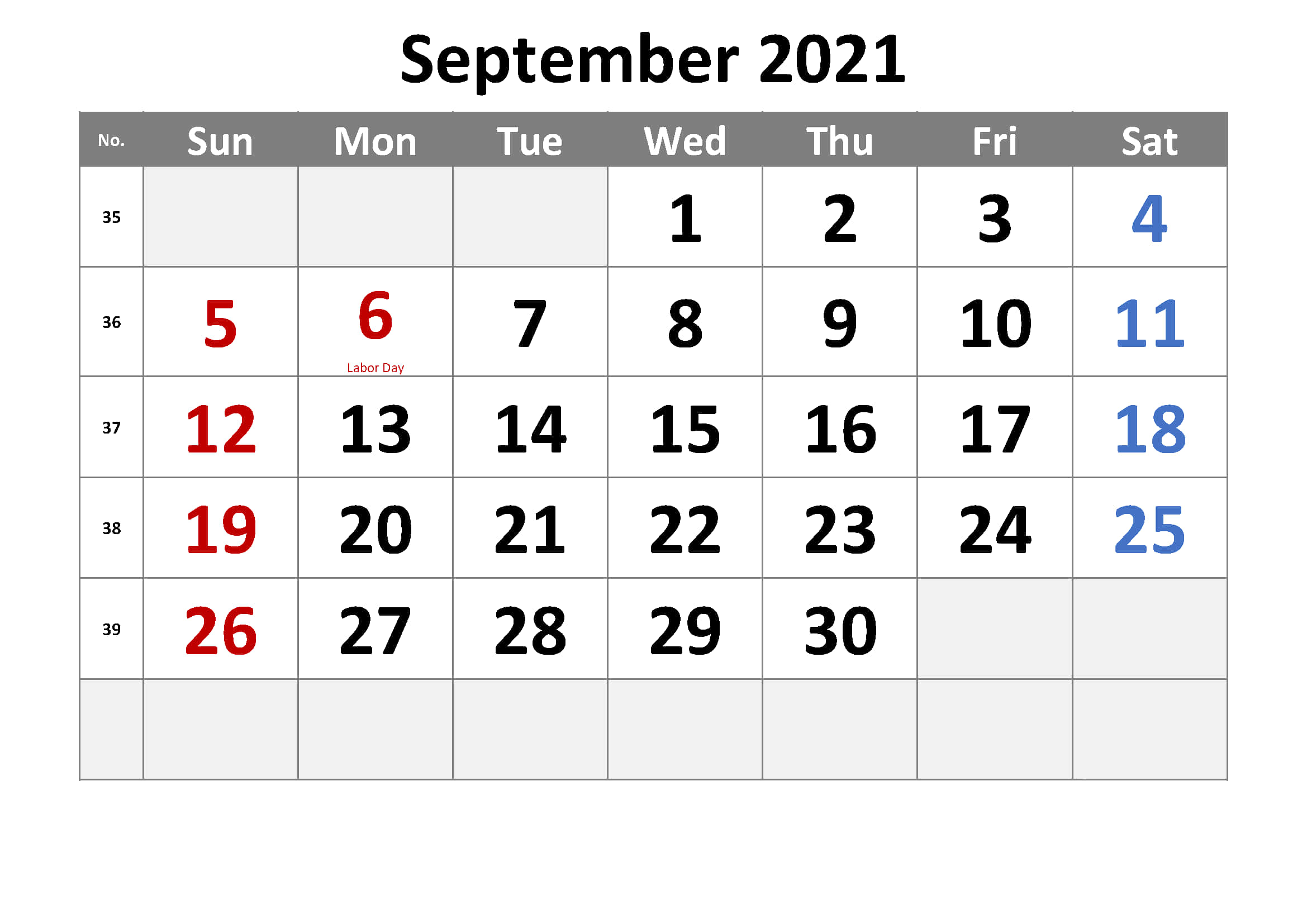 September 2021 Calendar, red and blue numbered days, white background, Full HD Desktop Wallpaper