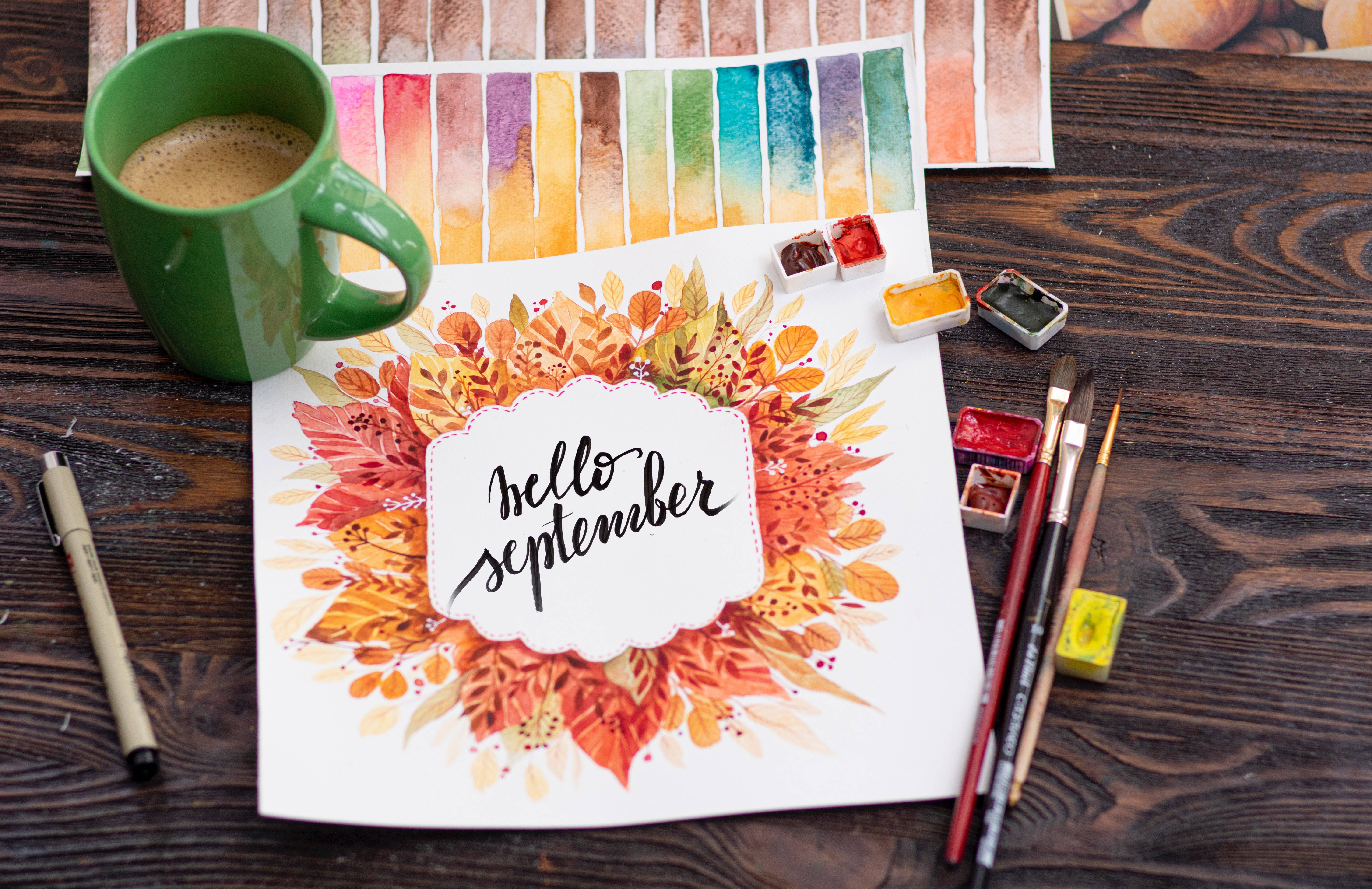 hello september, autumn leaf wreath, watercolor, 5K Desktop Wallpaper
