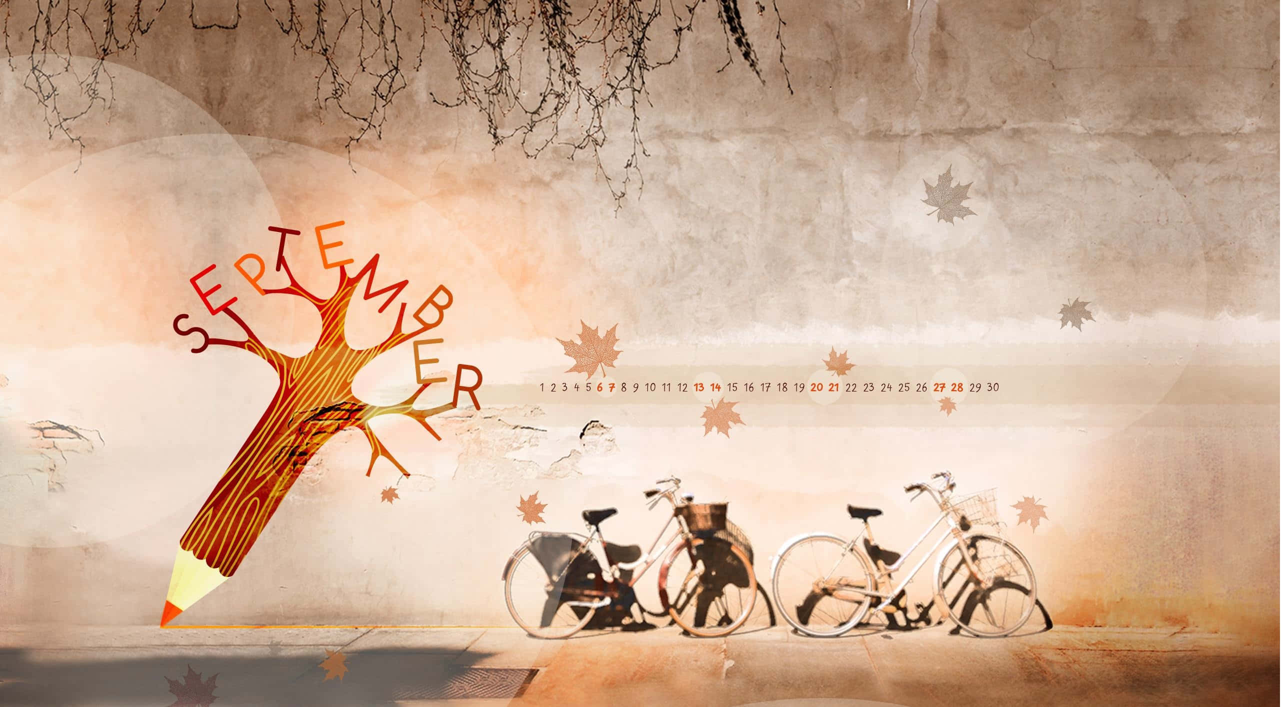 SEPTEMBER, autumn leaves, pencil shaped like a tree, 2K Desktop Wallpaper