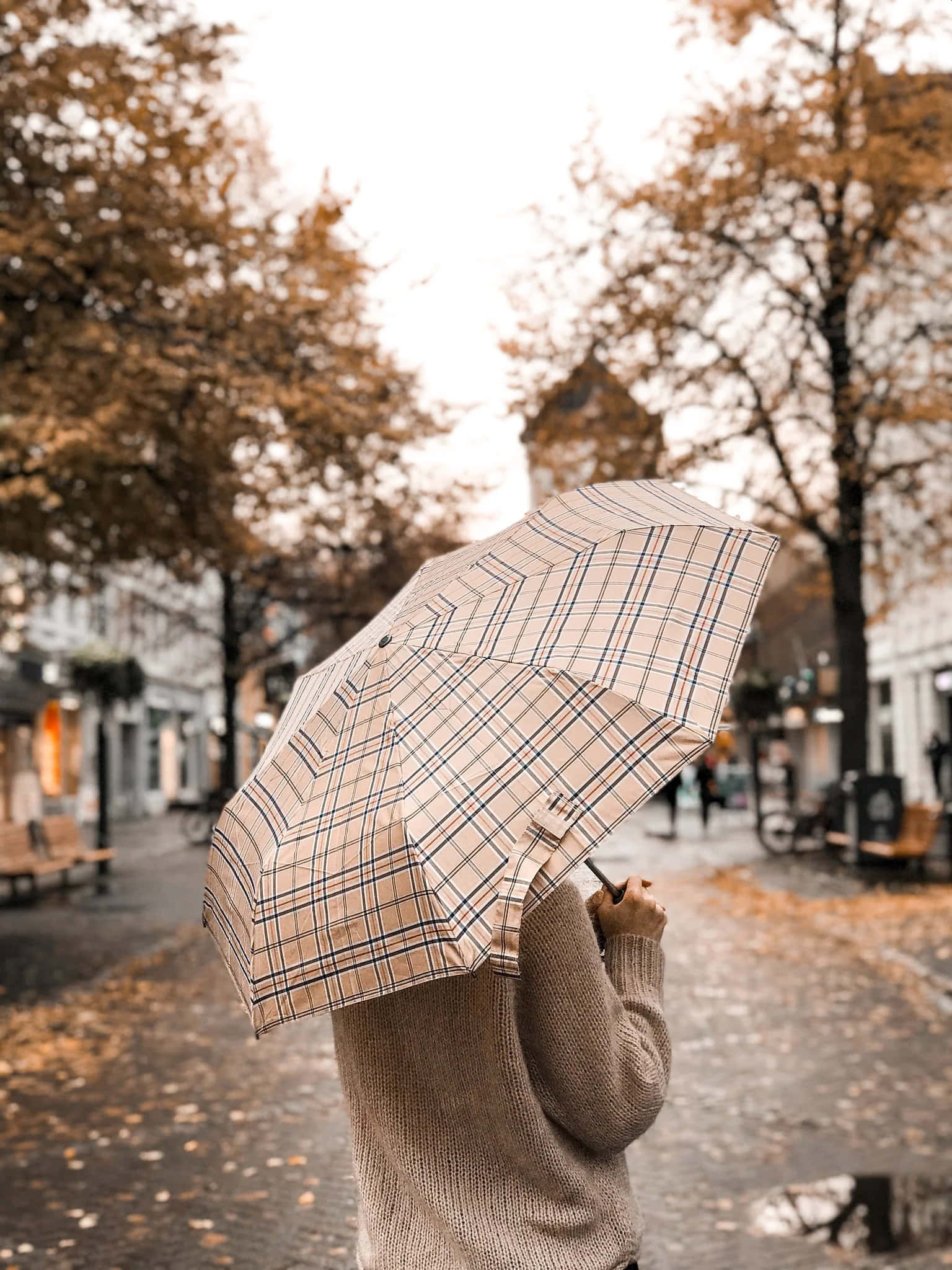 autumn street, golden trees, plaid umbrella, Full HD Phone Wallpaper