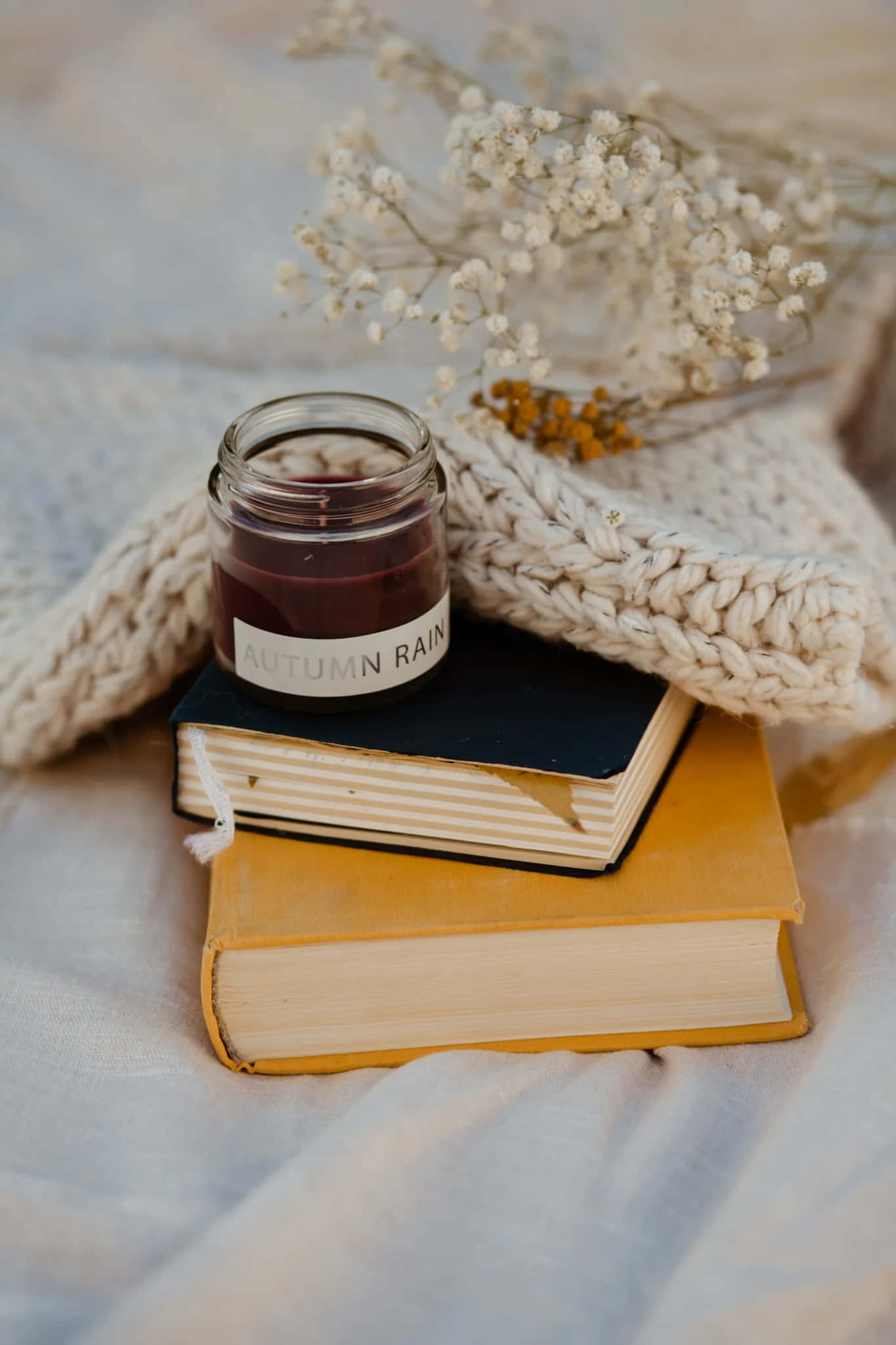 autumn rain, glass jar candle, stacked books, Full HD Phone Wallpaper
