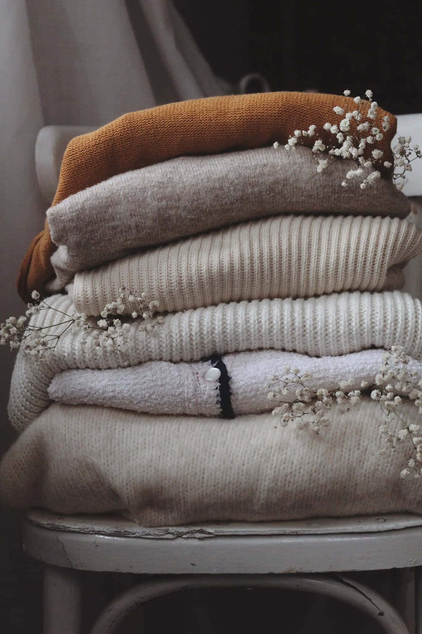 cozy autumn sweaters, warm earth tones, vintage white stool, Full HD Phone Wallpaper