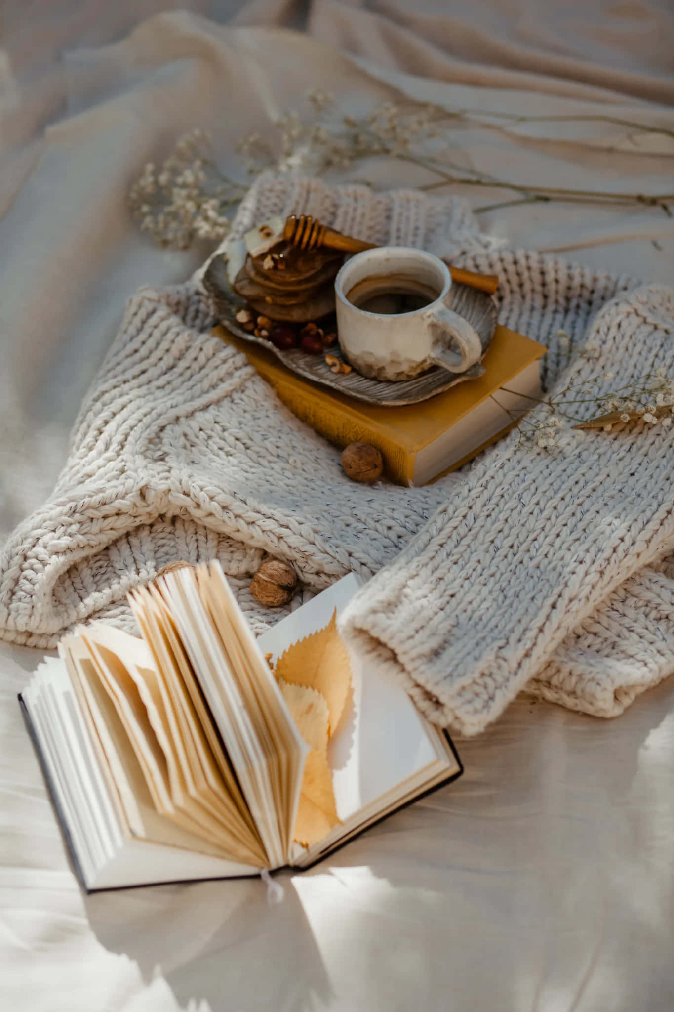cozy september morning, bed scene, open book, Full HD Phone Wallpaper