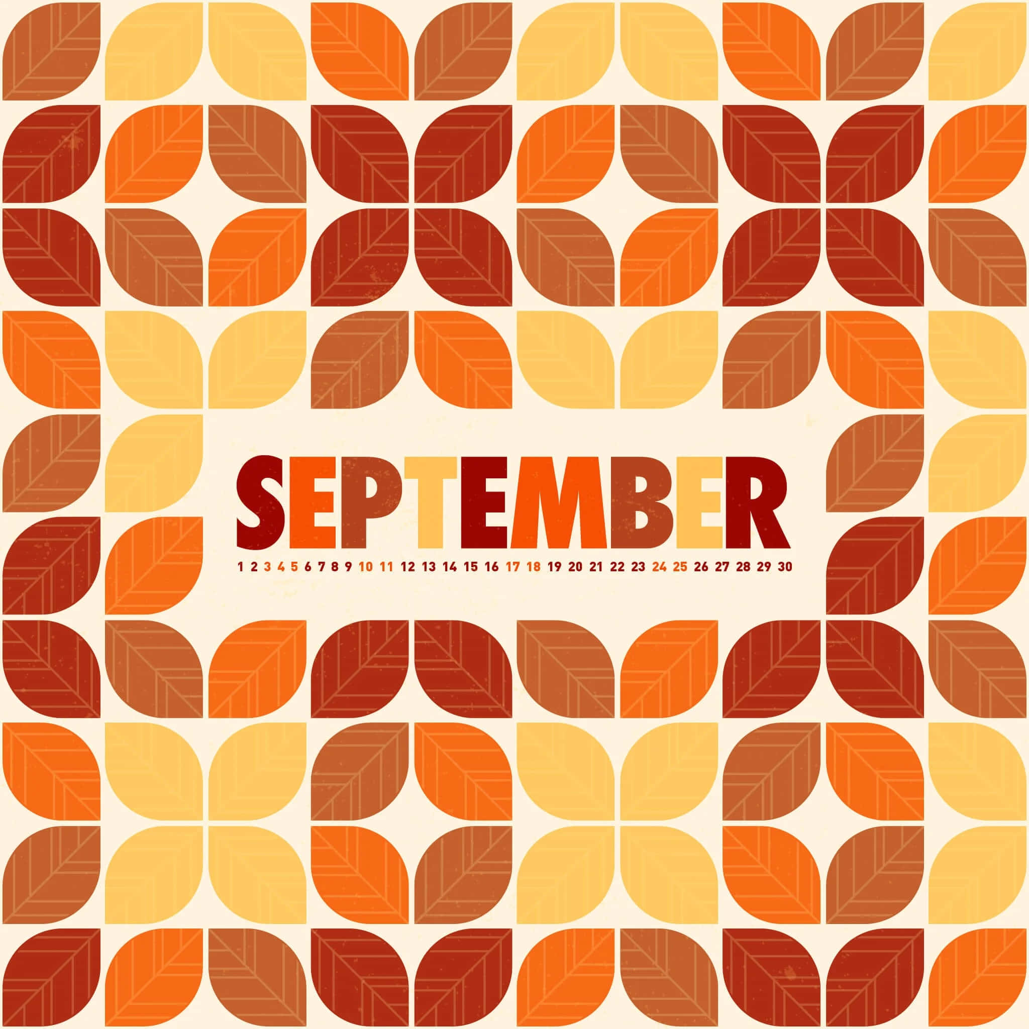 September Desktop Calendar, autumn leaves pattern, warm orange, Full HD Desktop Wallpaper