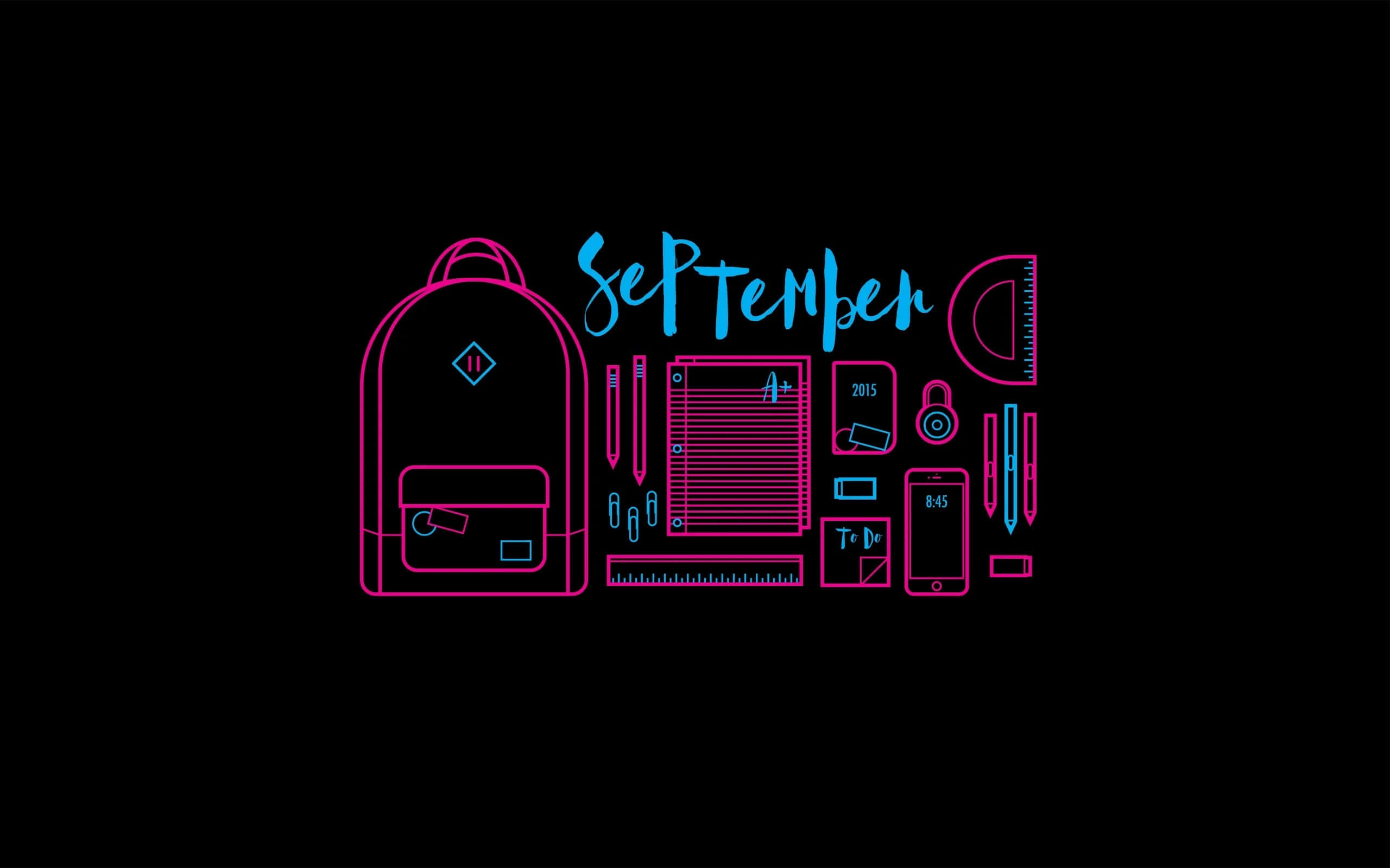 neon pink, blue line art, school supplies, 2K Desktop Wallpaper
