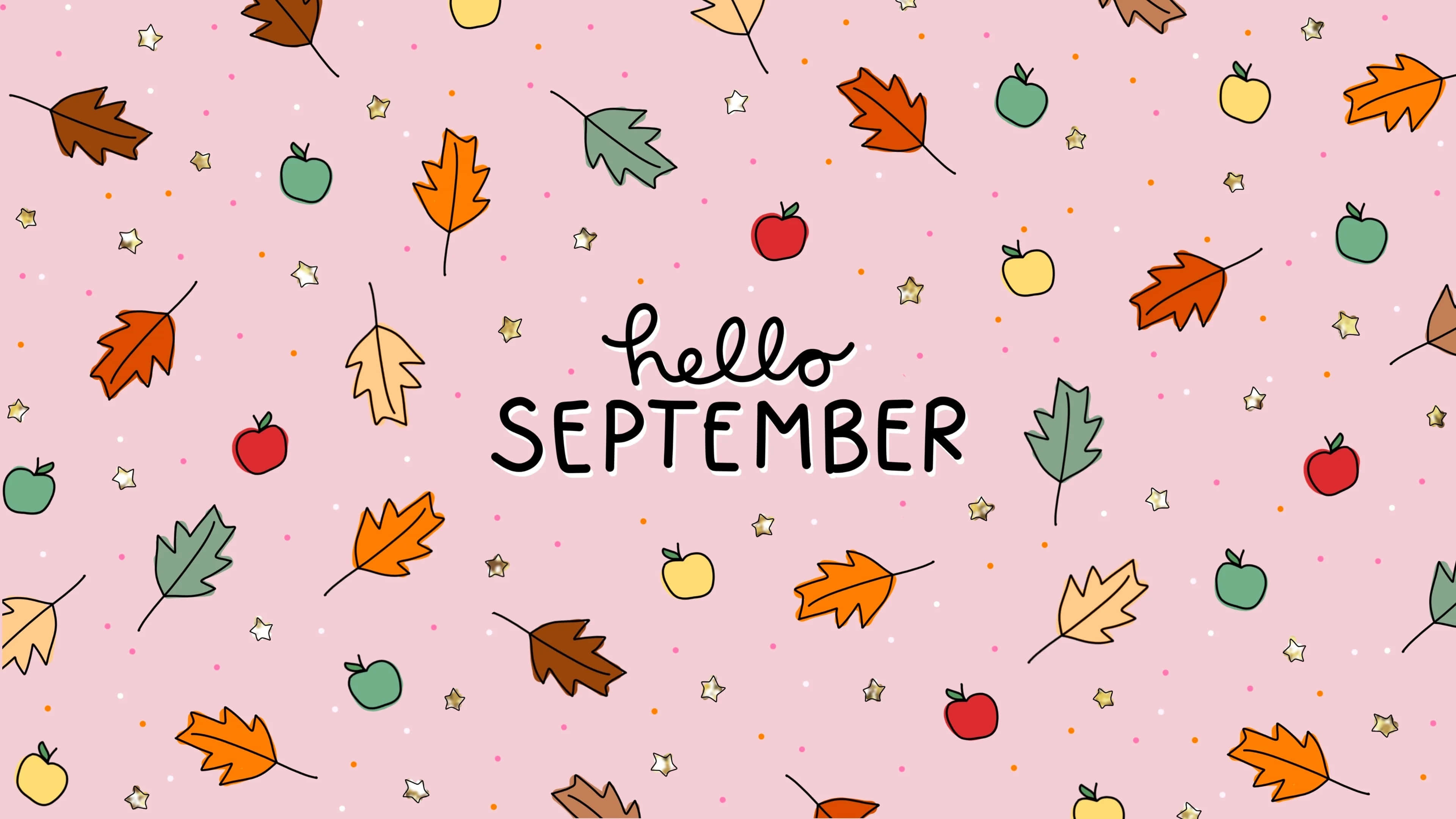 hello SEPTEMBER, autumn leaves, apples, 4K Desktop Wallpaper