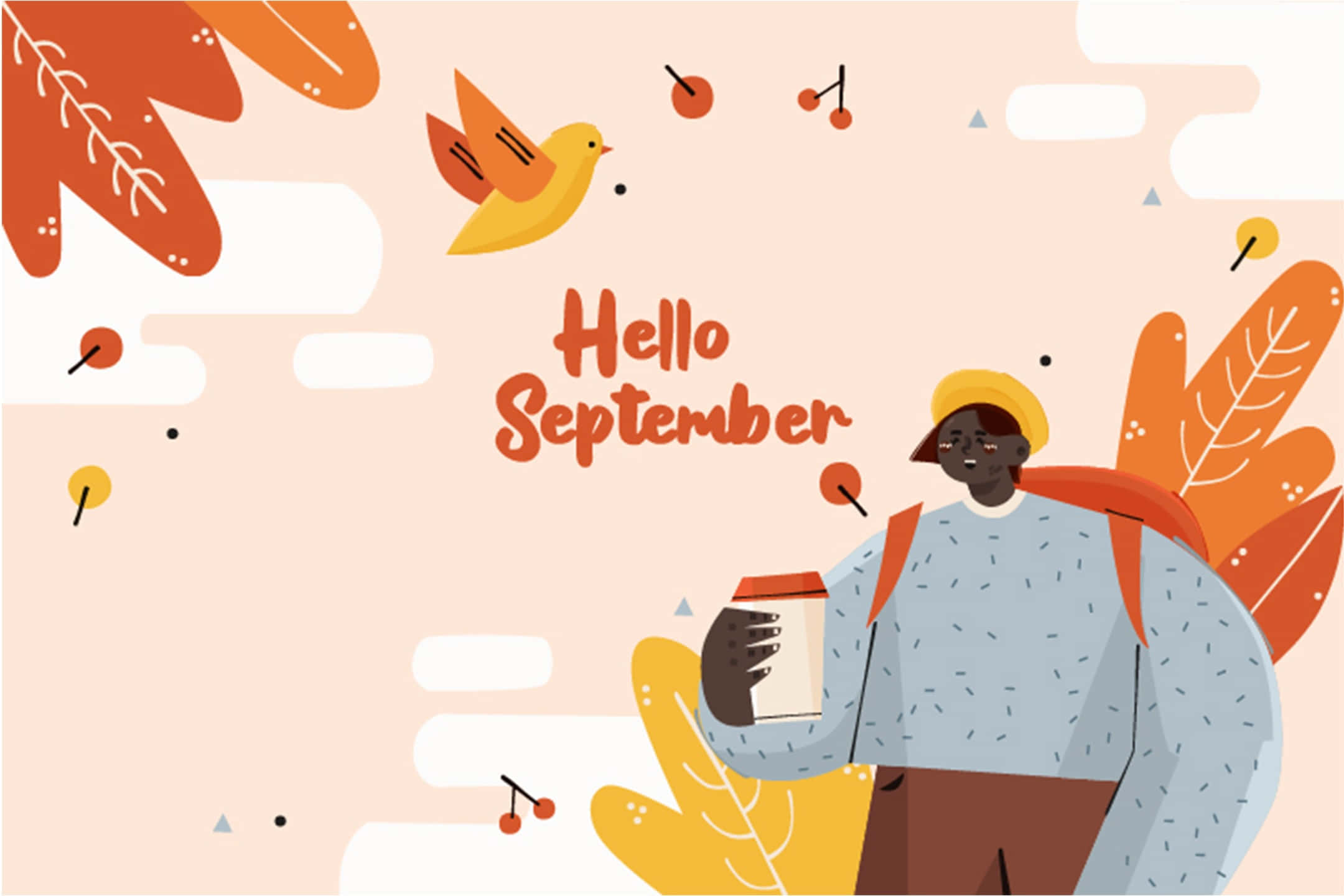 Hello September, autumn leaves, yellow hat, Full HD Desktop Wallpaper