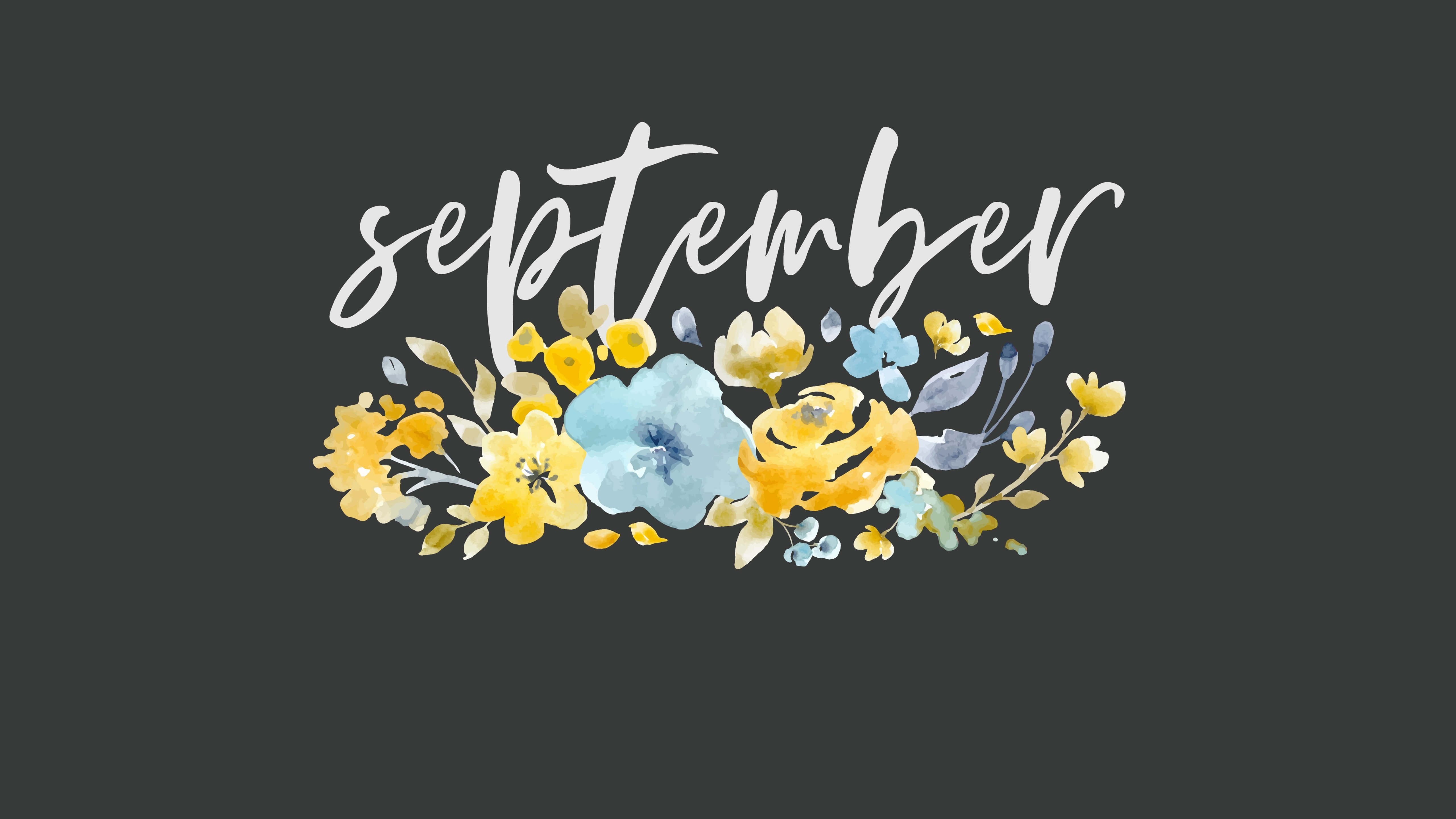 september, white script, watercolor floral wreath, 5K Desktop Wallpaper