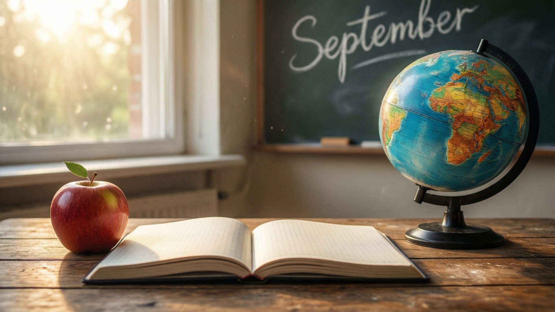 September, sunlit wooden desk, open notebook, Full HD Desktop Wallpaper